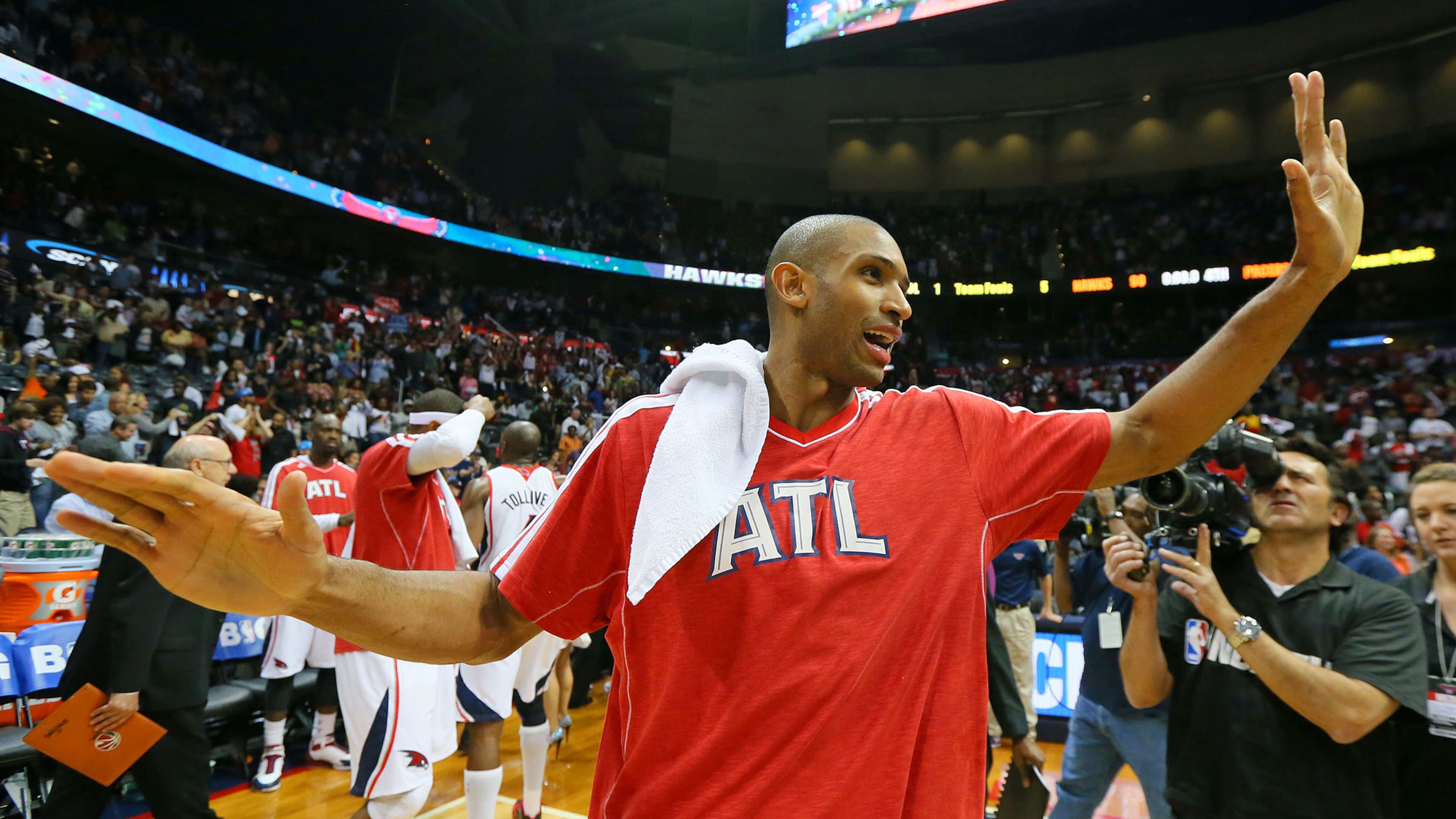 Atlanta Hawks Al Horford celebrates a 90-69 victory over the Pacers in their NBA playoff game on Saturday, April 27, 2013, in Atlanta.