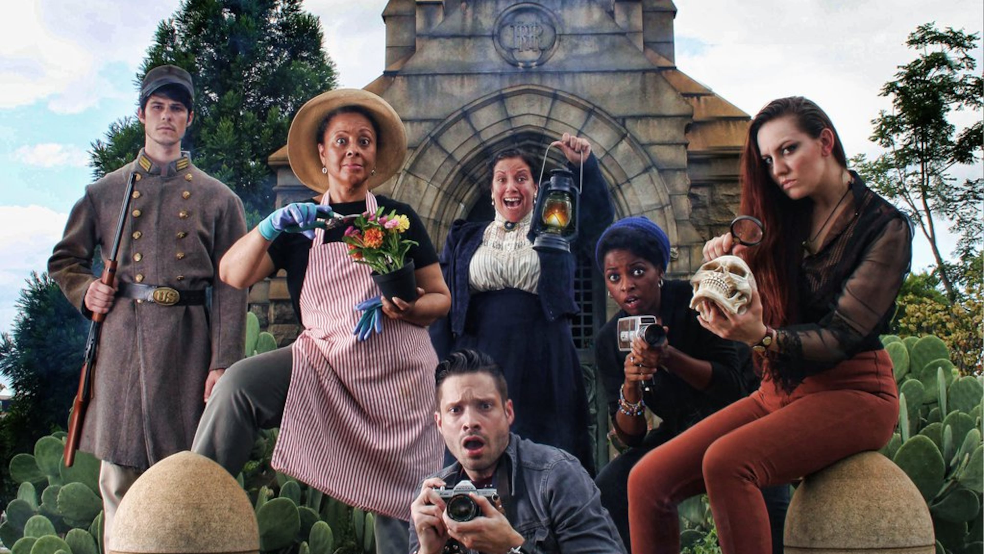 The cast of “Freed Spirits” at Horizon Theatre consists of Spencer Kolbe Miller (in soldier’s uniform); Marguerite Hannah, Suehyla El-Attar, Jimmica Collins and Bryn Striepe. Jonathan Horne is seated on the steps. CONTRIBUTED BY BREEANNE CLOWDUS