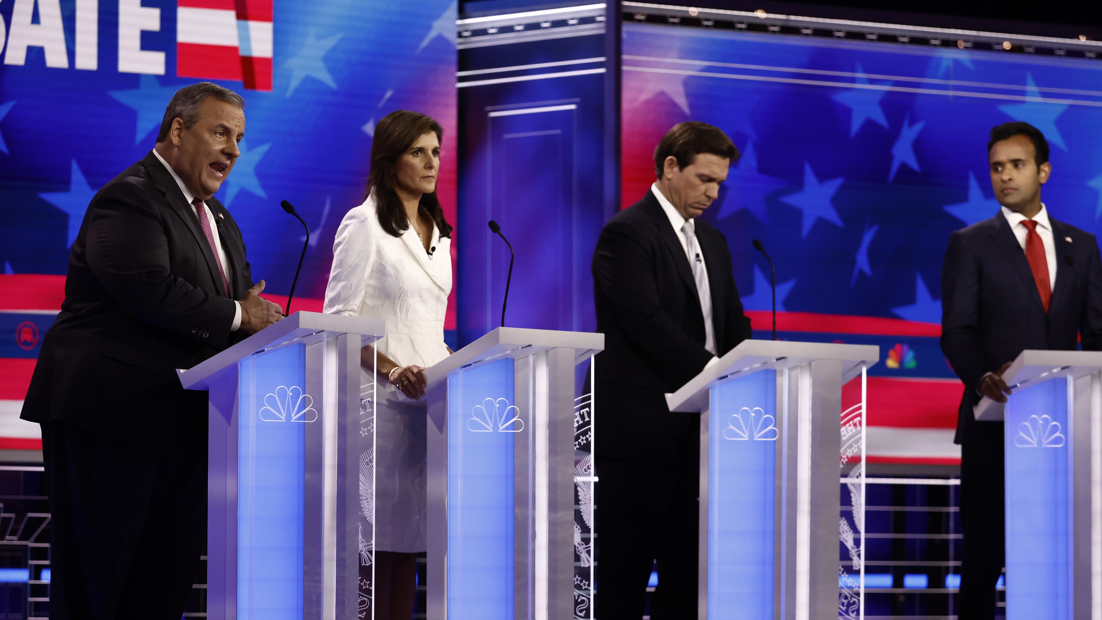 Chris Christie, from left, Nikki Haley, Ron DeSantis and Vivek Ramaswamy will face off Wednesday night in the fourth GOP presidential candidates debate in Tuscaloosa, Alabama. The field of candidates has tightened after North Dakota Gov. Doug Burgum, former Vice President Mike Pence and South Carolina U.S. Sen. Tim Scott dropped out of the race. (Scott McIntyre/The New York Times)
