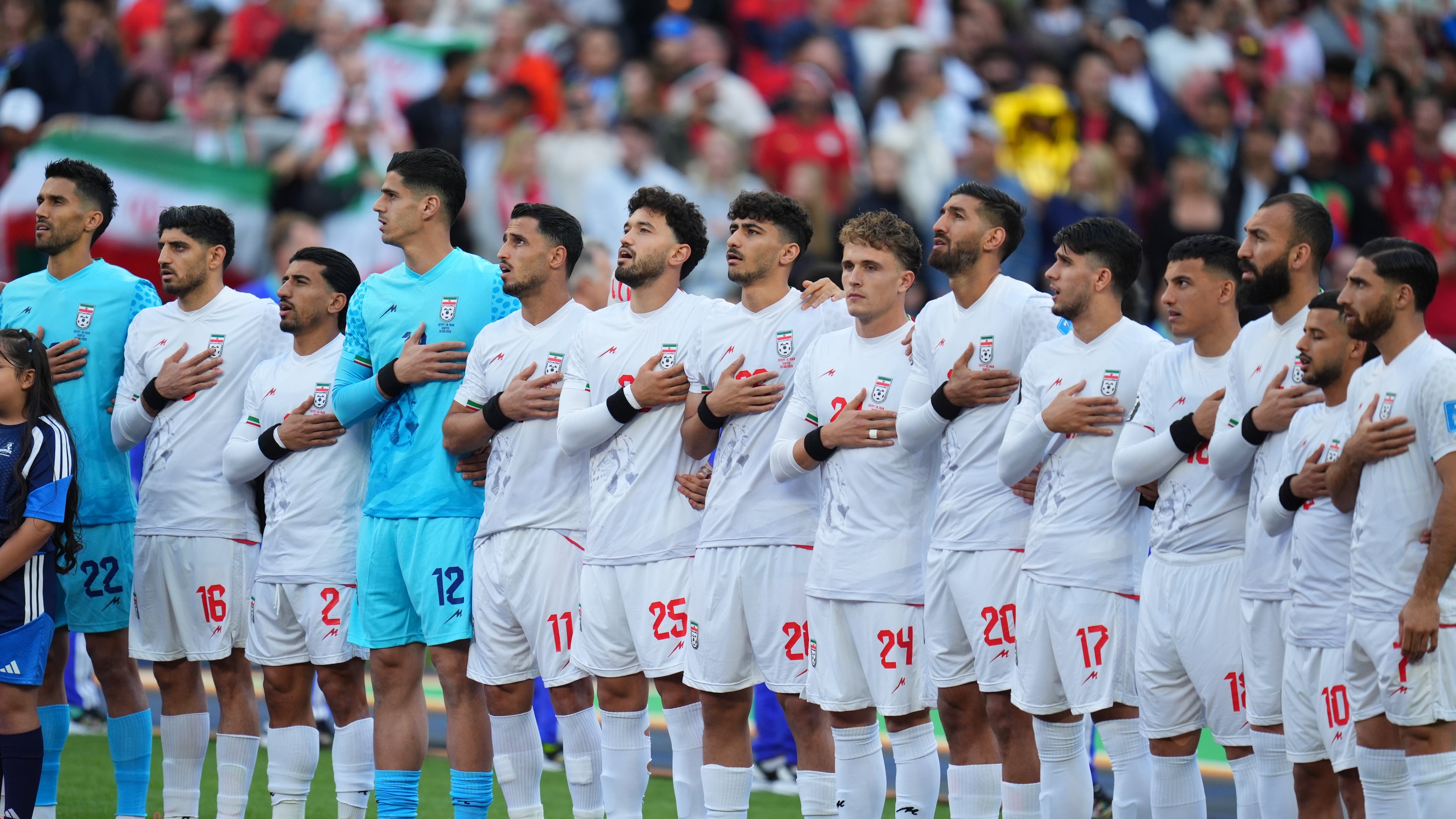 Iran's team stands for their national anthem during the World Cup Group G soccer match between Egypt and Iran in Seattle, Friday, June 26, 2026. (AP Photo/Manu Fernandez)