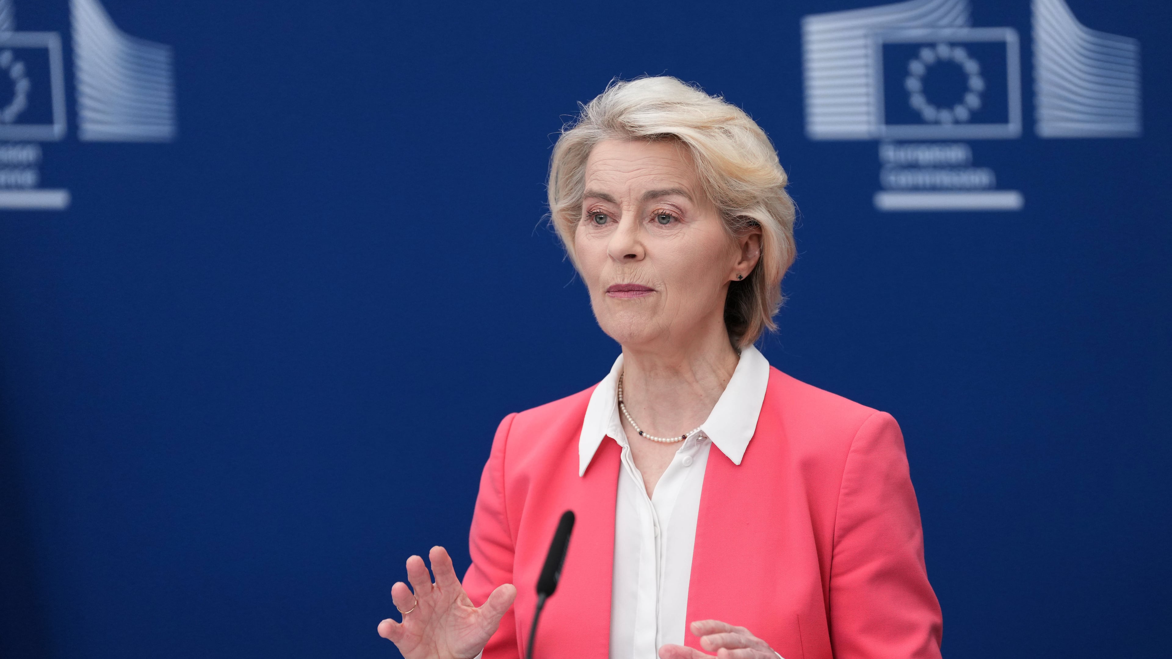 European Commission President Ursula von der Leyen speaks during a report on children's safety online at EU headquarters in Brussels, Monday, July 13, 2026. (AP Photo/Marius Burgelman)