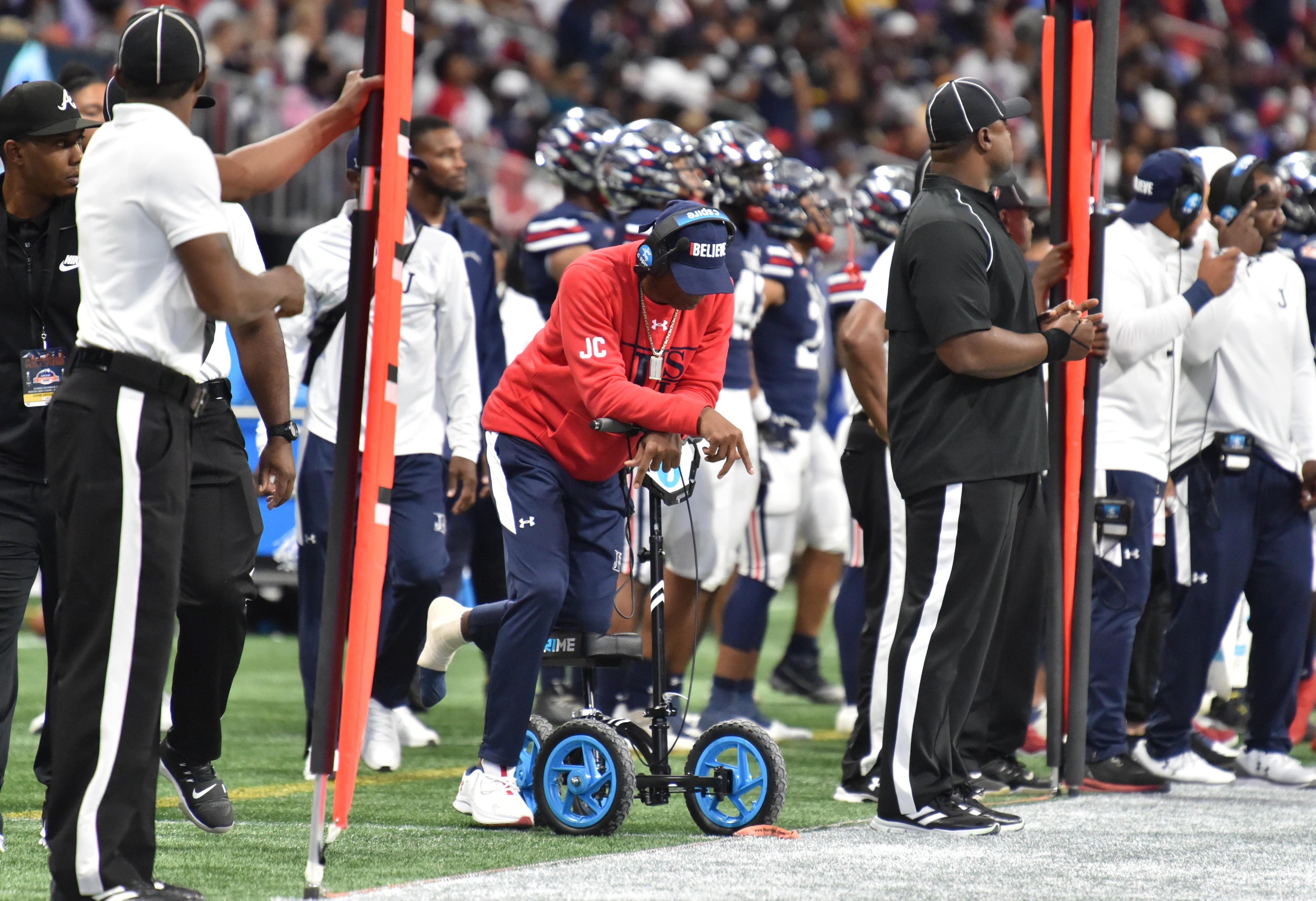 Jackson State's head coach Deion Sanders reacts at the end of the fourth quarter during the 2021 Cricket Celebration Bowl at Mercedes-Benz Stadium in Atlanta on Saturday, December 18, 2021. South Carolina State won 31-10 over Jackson State. (Hyosub Shin / Hyosub.Shin@ajc.com)