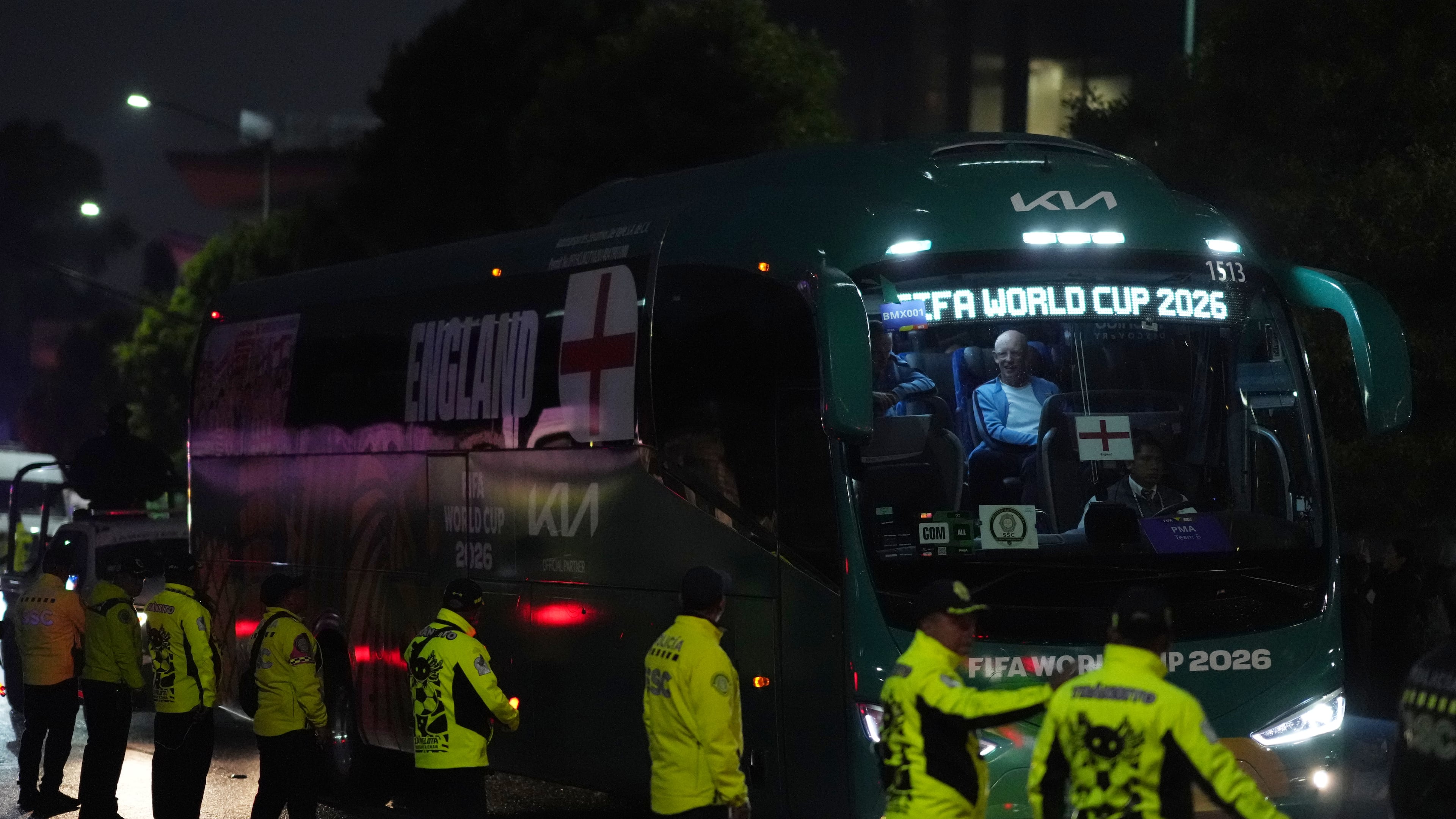 The England team bus arrives at a hotel in Mexico City ahead of England's World Cup round of 16 soccer match against Mexico, Friday, July 3, 2026. (AP Photo/Eduardo Verdugo)