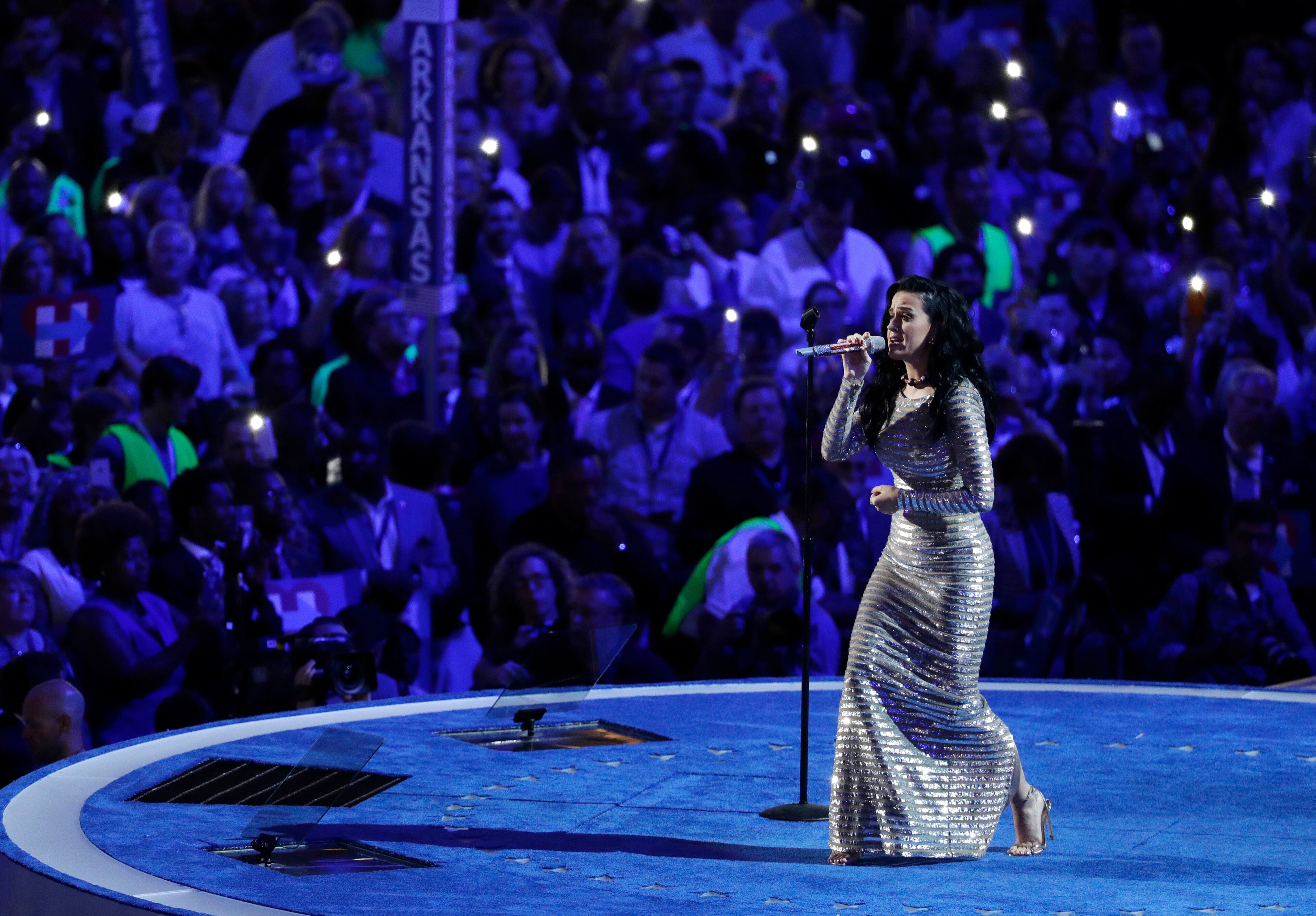 Singer Katy Perry performs during the final day of the Democratic National Convention, Thursday, July 28, 2016, in Philadelphia. (AP Photo/John Locher)