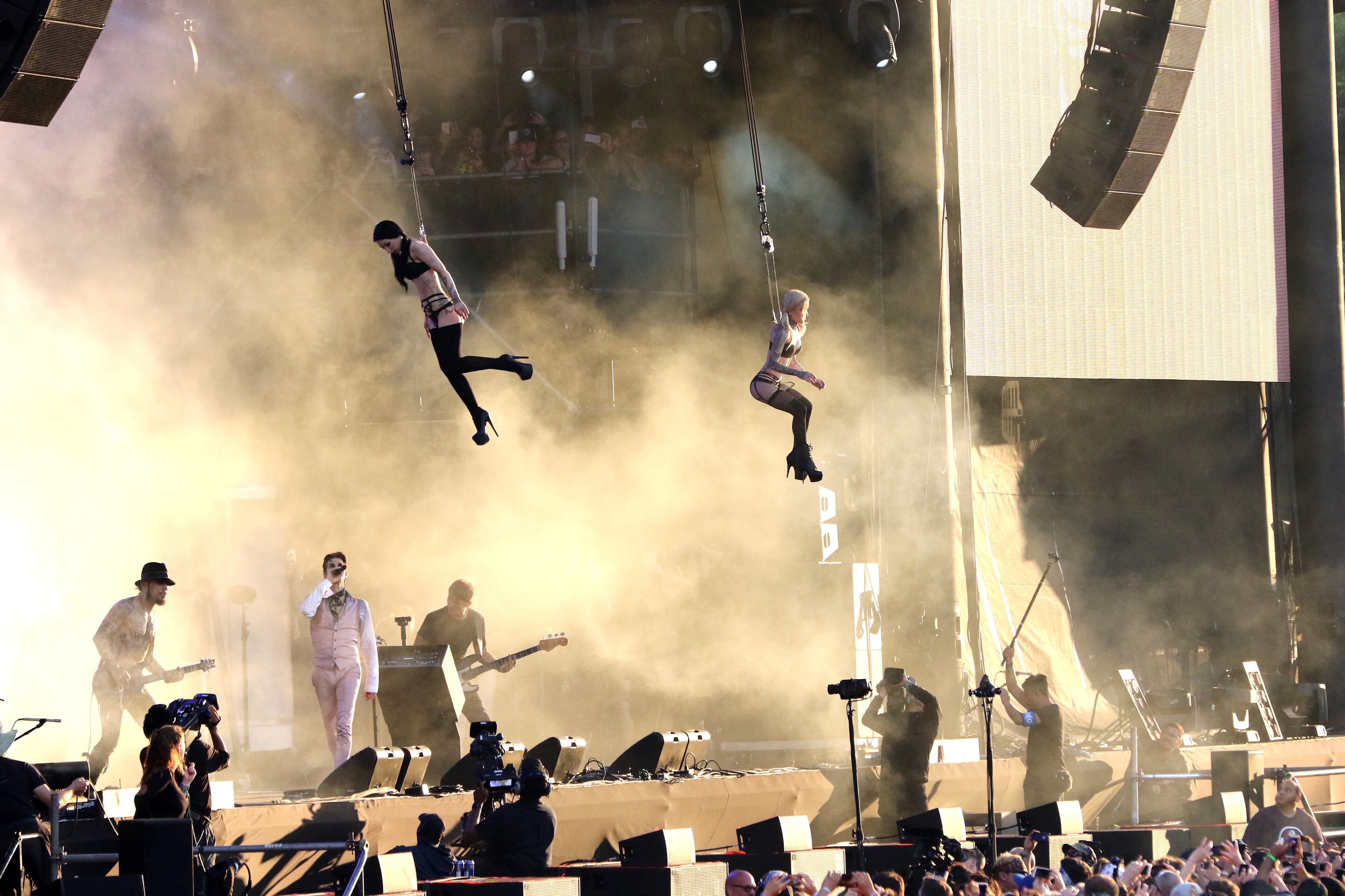 CHICAGO, IL - JULY 30: (L-R) Recording artists Dave Navarro, Perry Farrell, and Eric Avery of Jane's Addiction perform on the Samsung Stage at Lollapalooza 2016 - Day 3 at Grant Park on July 30, 2016 in Chicago, Illinois. (Photo by Gabriel Grams/Getty Images for Samsung)