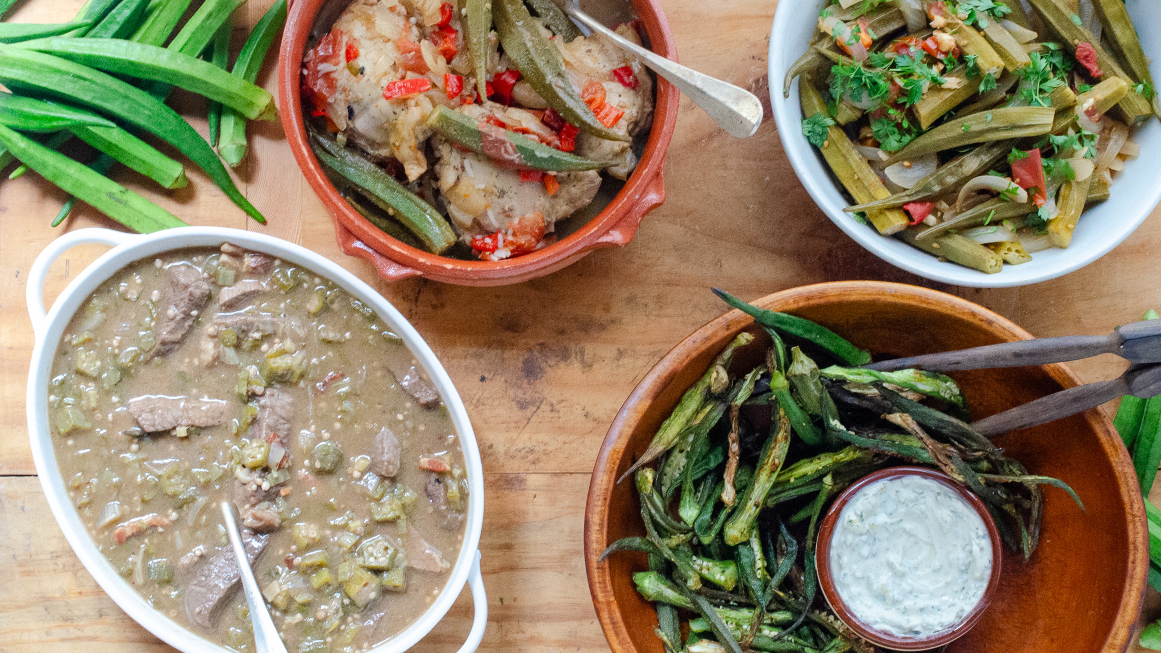 Okra is a heralded ingredient in cuisines from around the world. Pictured are (from left, clockwise): Round Steak and Okra Gumbo, Brazilian Chicken and Okra, Greek Okra and Tomatoes, and Air Fryer Okra Fries with Spicy Yogurt Dipping Sauce. (Virginia Willis for The Atlanta Journal-Constitution)