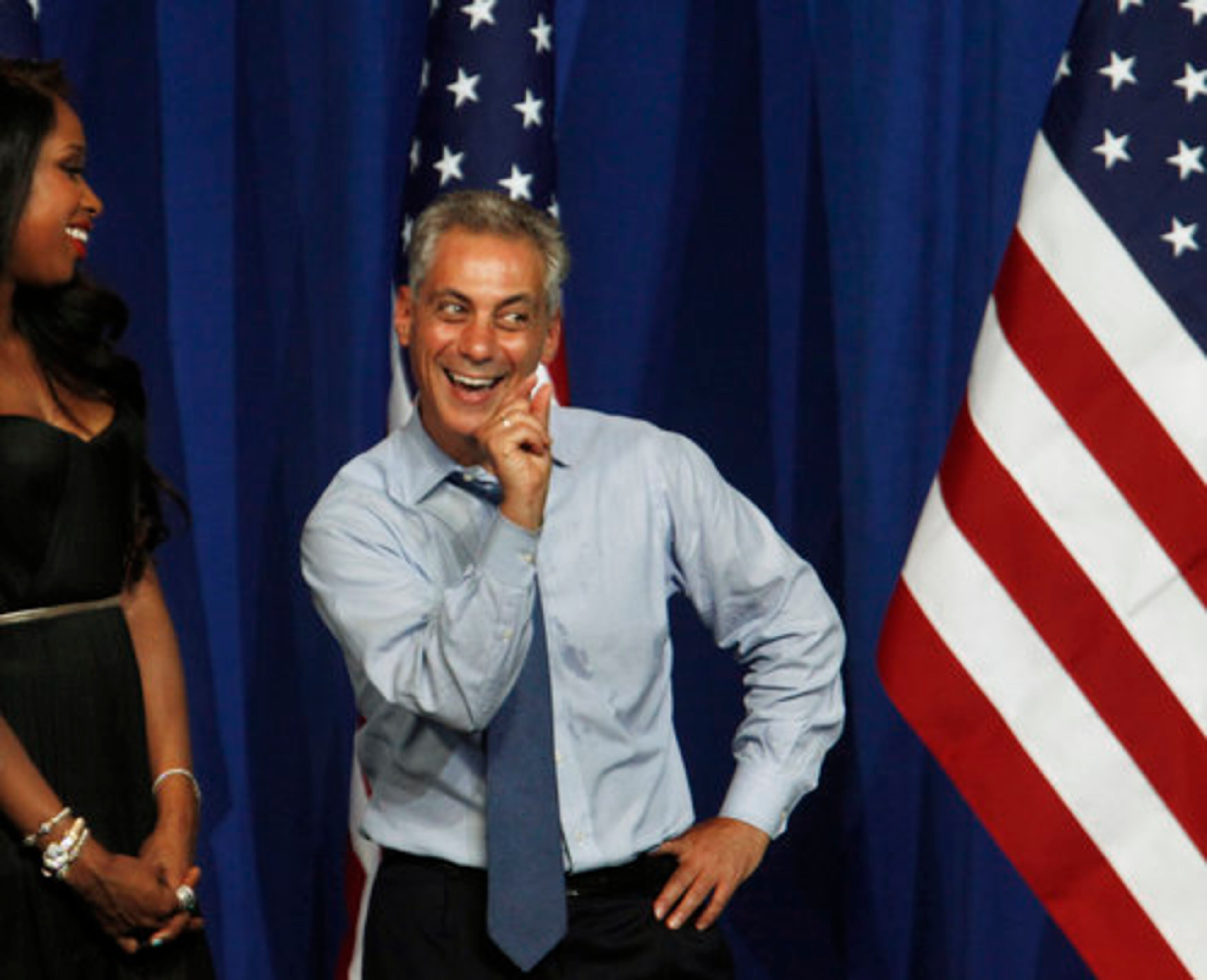 Chicago Mayor Rahm Emanuel shows President Barack Obama how close the mayor has come to swearing since taking office.