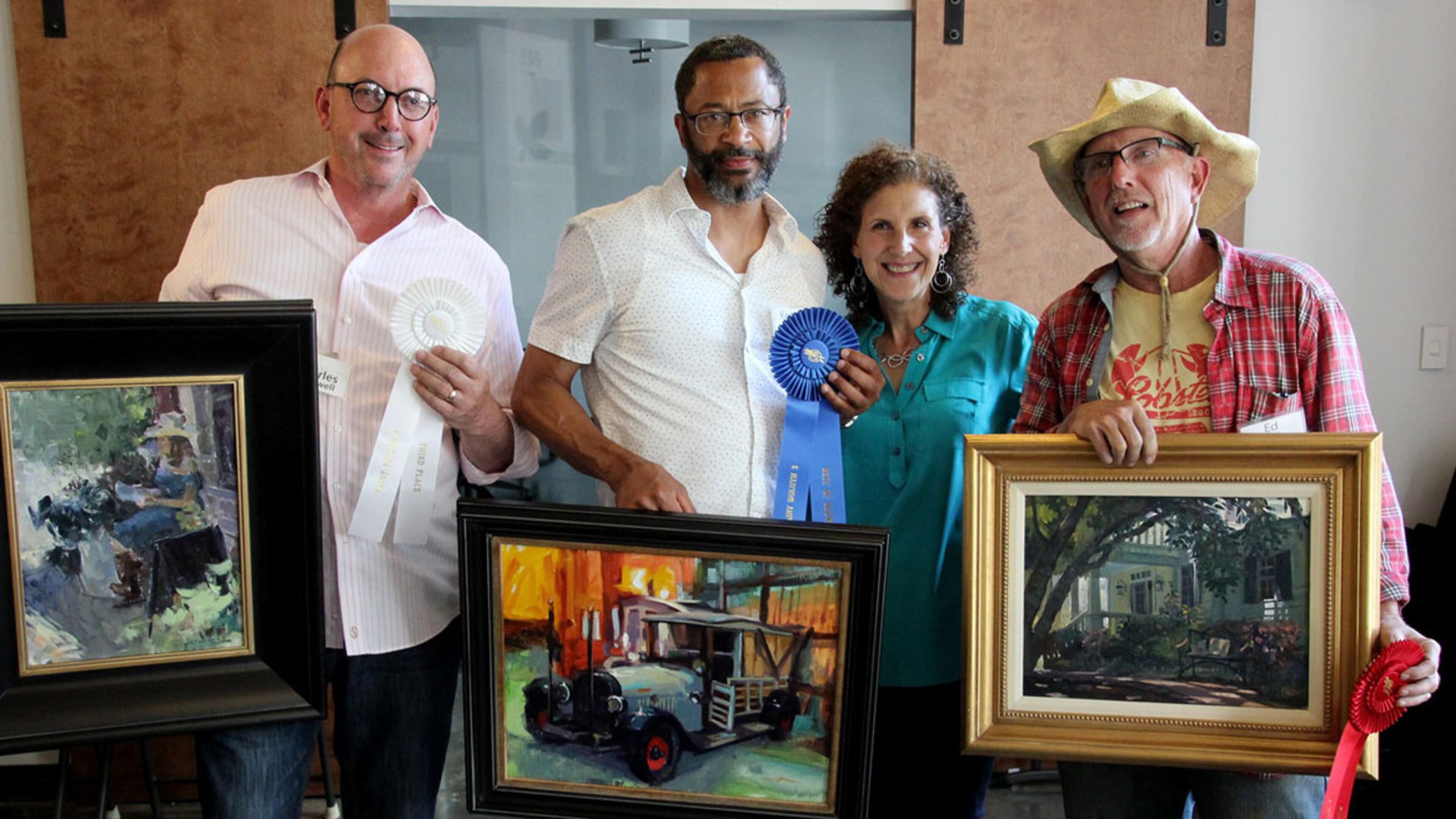 2018 Plein Air Paint Duluth winners from left to right: Charles Cashwell - Third Place, Kendall Portis - Best of Show, Nancy Nowak – Judge, and Ed Cahill - Second Place. (Courtesy City of Duluth)