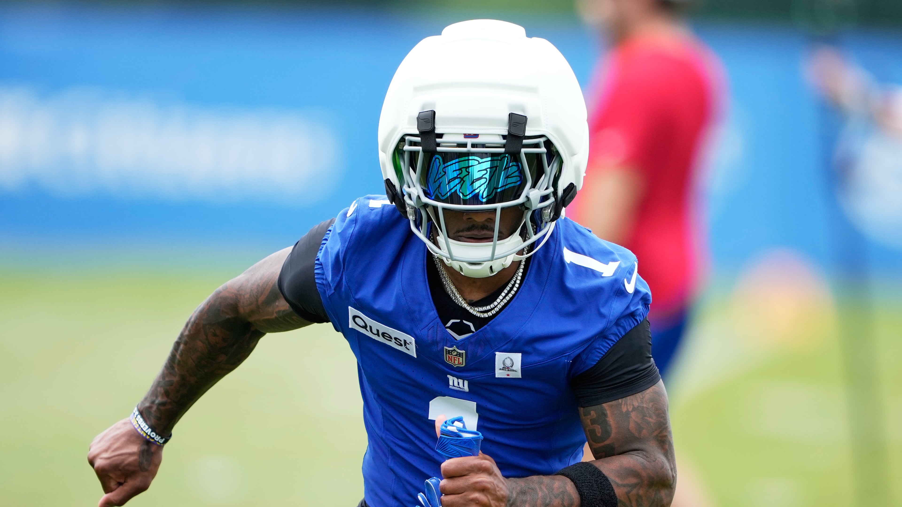 New York Giants wide receiver Malik Nabers practices during an NFL football training camp, Wednesday, July 29, 2026, in White Sulphur Springs, W.Va. (AP Photo/Chris Carlson)