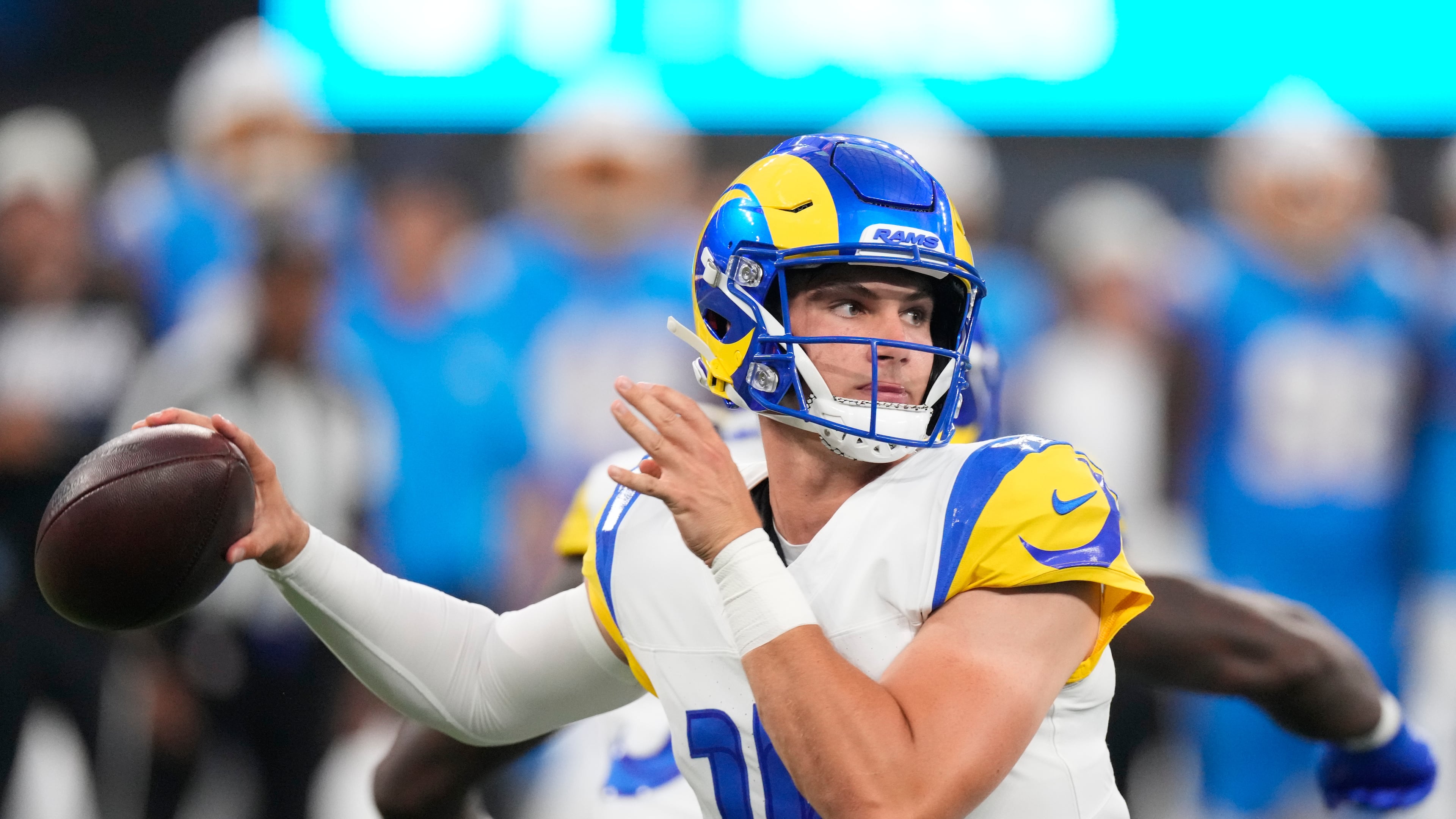 Los Angeles Rams quarterback Ty Simpson throws a pass during the first half of an NFL preseason football game against the Los Angeles Chargers Thursday, Aug. 27, 2026, in Inglewood, Calif. (AP Photo/Mark J. Terrill)