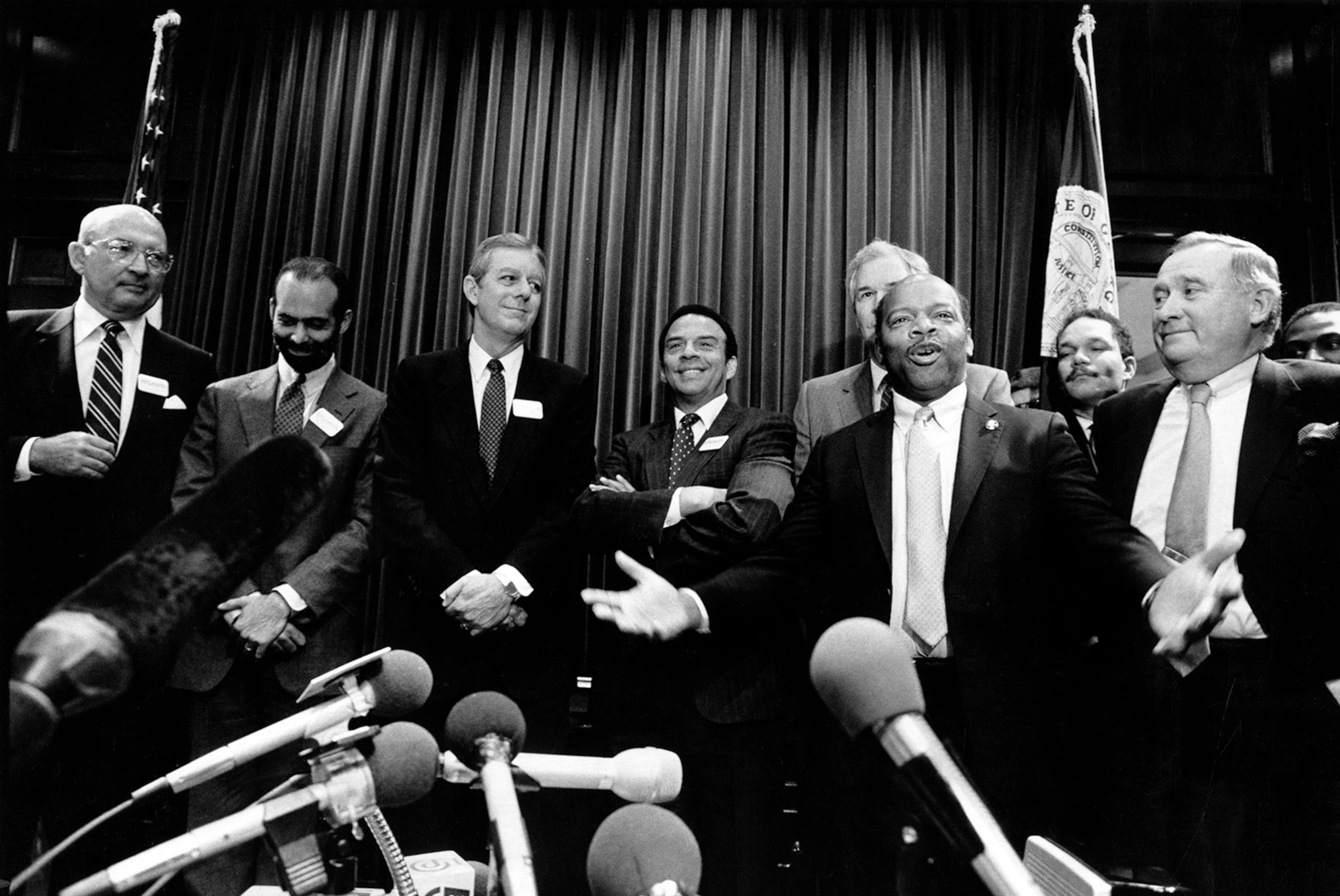 One of Mayor Young's biggest moments was hosting the 1988 Democratic National Convention. The event put the city in the international spotlight, with Young beaming at the center of it. Here, Georgia Democrats announce the location of the convention to the media in 1987. (Louie Favorite / AJC Archive at GSU Library AJCP177-012a)