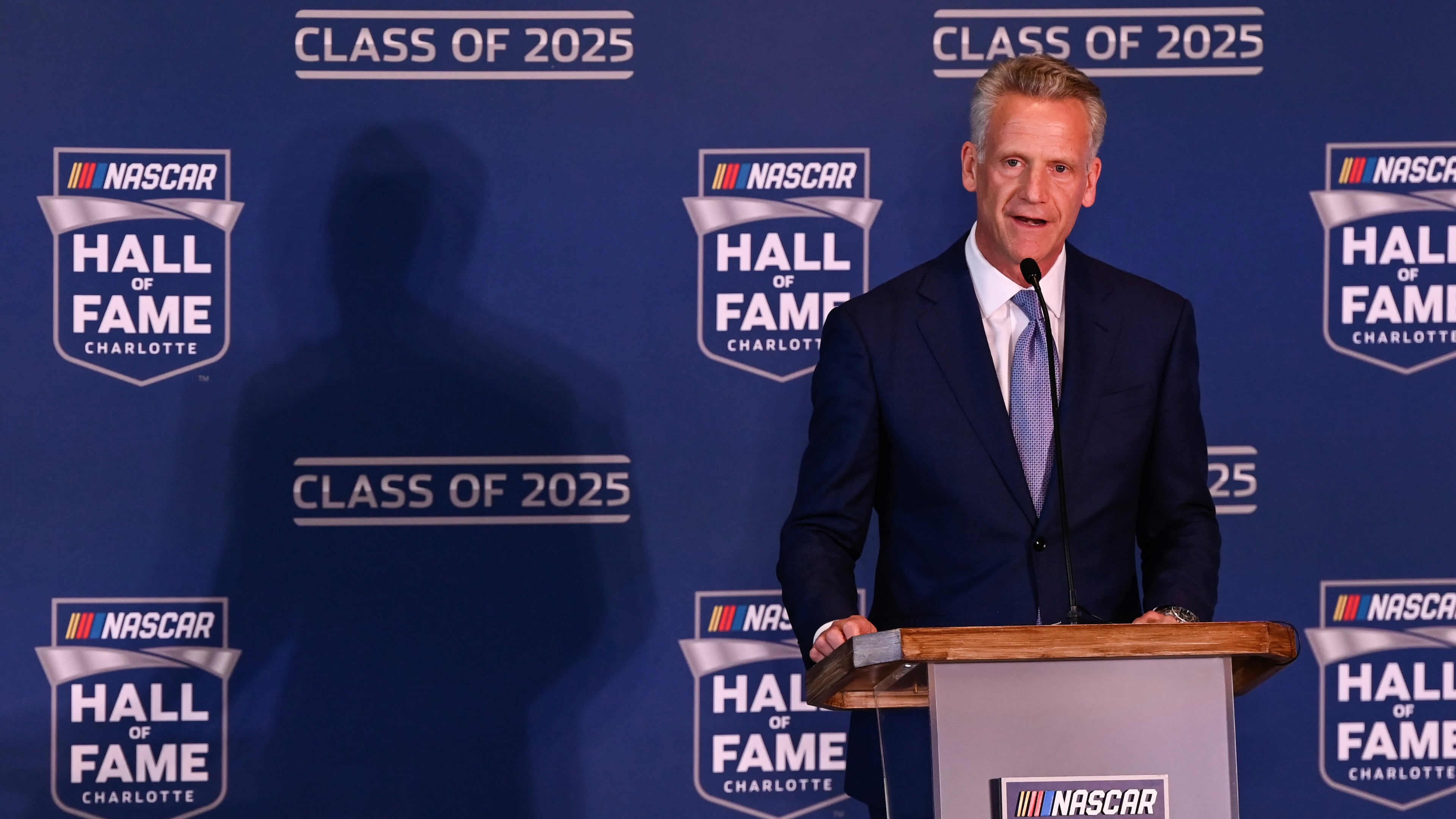 FILE - NASCAR president Steve Phelps announces the inductees to the 2025 NASCAR Hall of Fame class, Tuesday, May 21, 2024, in Charlotte, N.C. (AP Photo/Matt Kelley, File)