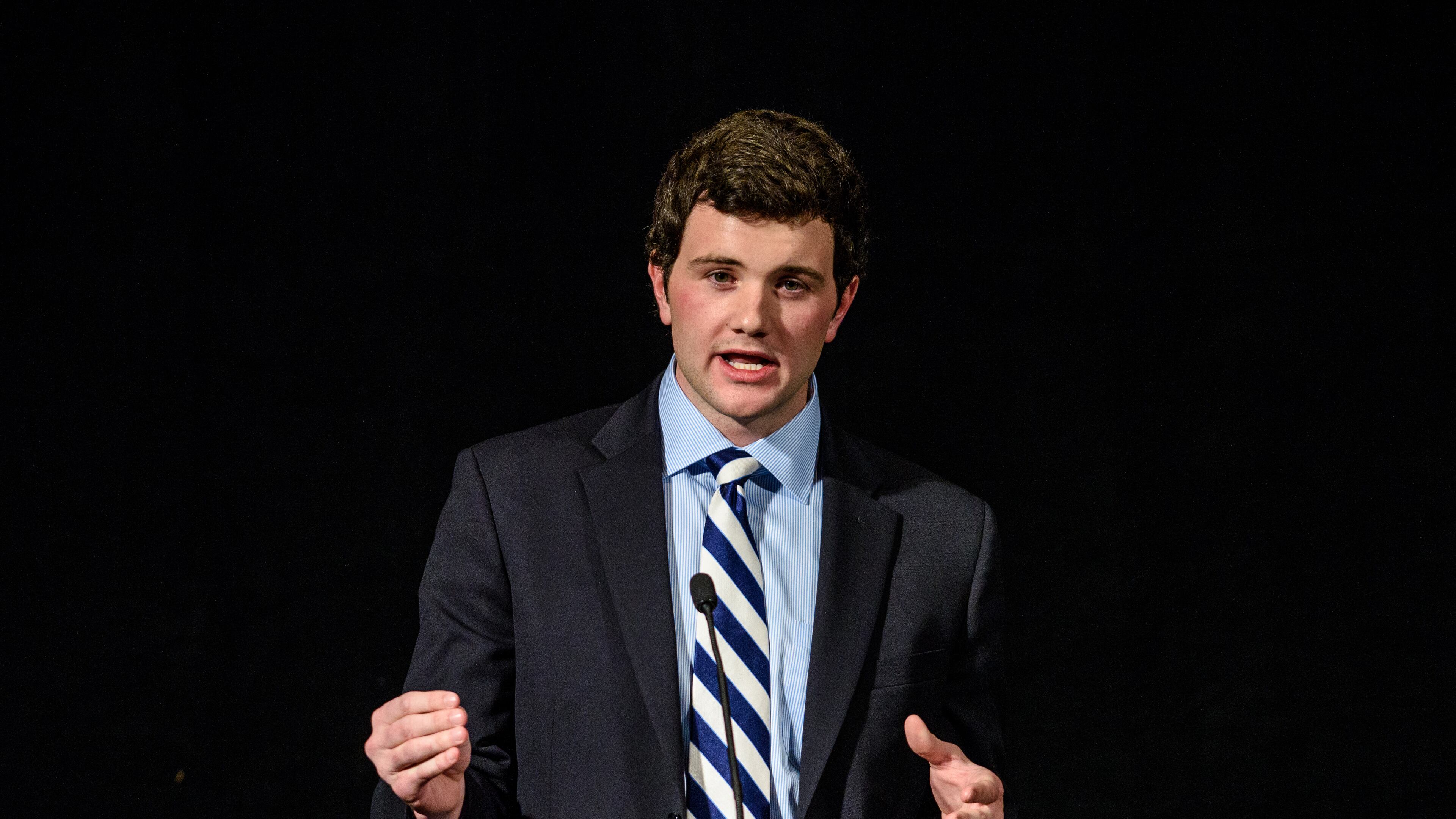 Former Georgia Tech offensive lineman Chase Roberts delivered a speech at a dinner for scholarship donors in January. (GT Athletics/Danny Karnik)