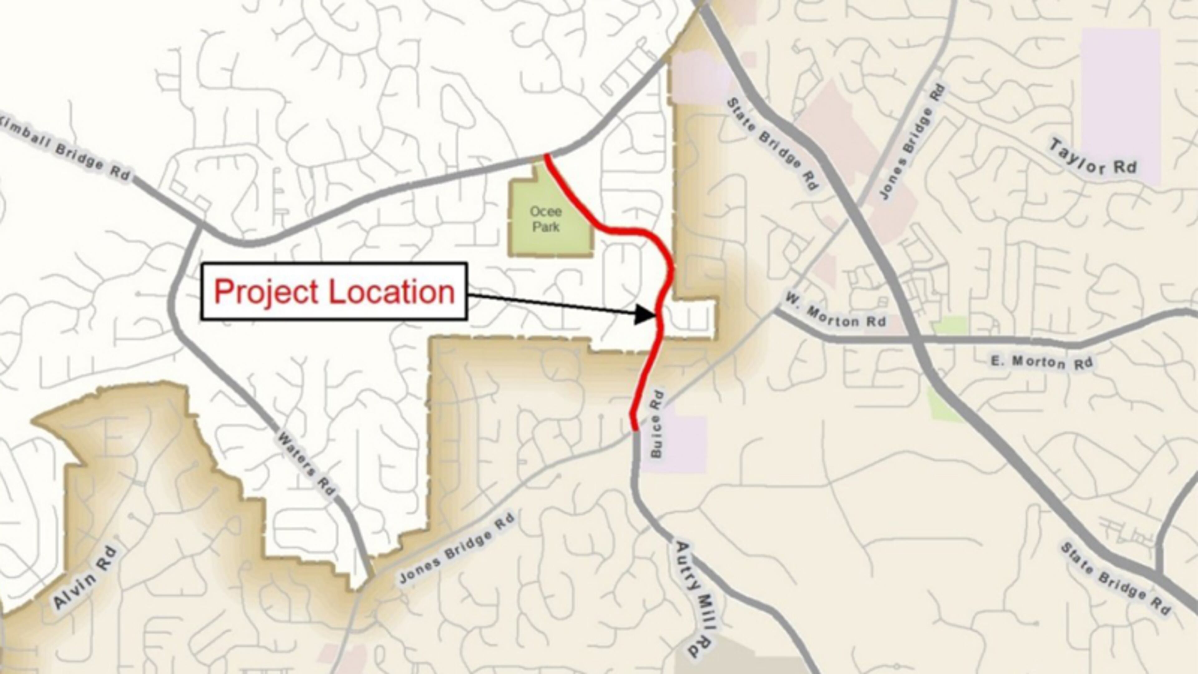 Map depicts the boundaries of a “traffic calming” project for Buice Road, a street shared by Johns Creek and Alpharetta. CITY OF JOHNS CREEK
