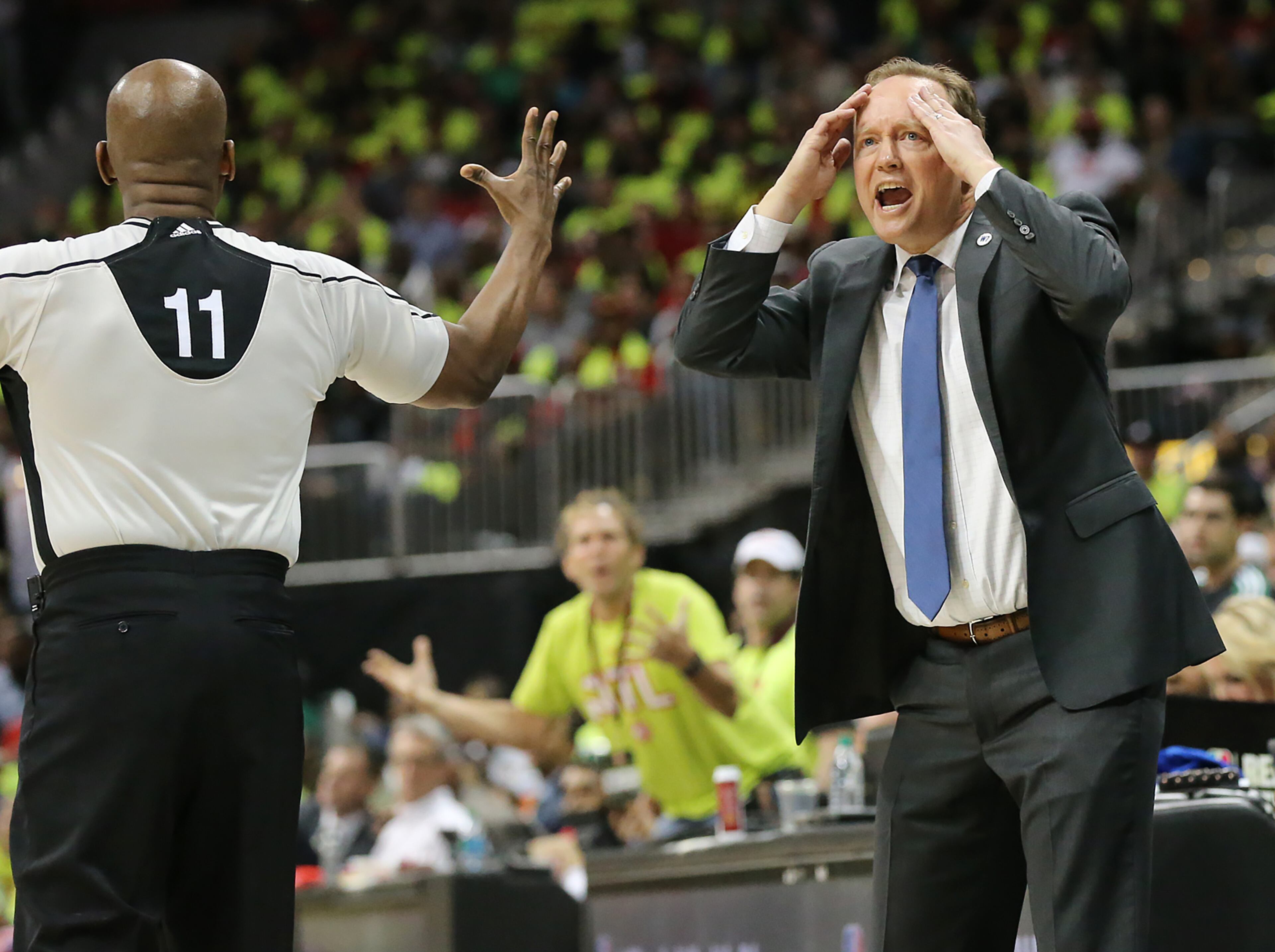 041616 ATLANTA: Hawks head coach Mike Budenholzer reacts to a call in the final minutes against the Celtics in game one of their NBA Eastern Conference first round playoff game at Philips Arena on Saturday, April 16, 2016. Curtis Compton / ccompton@ajc.com