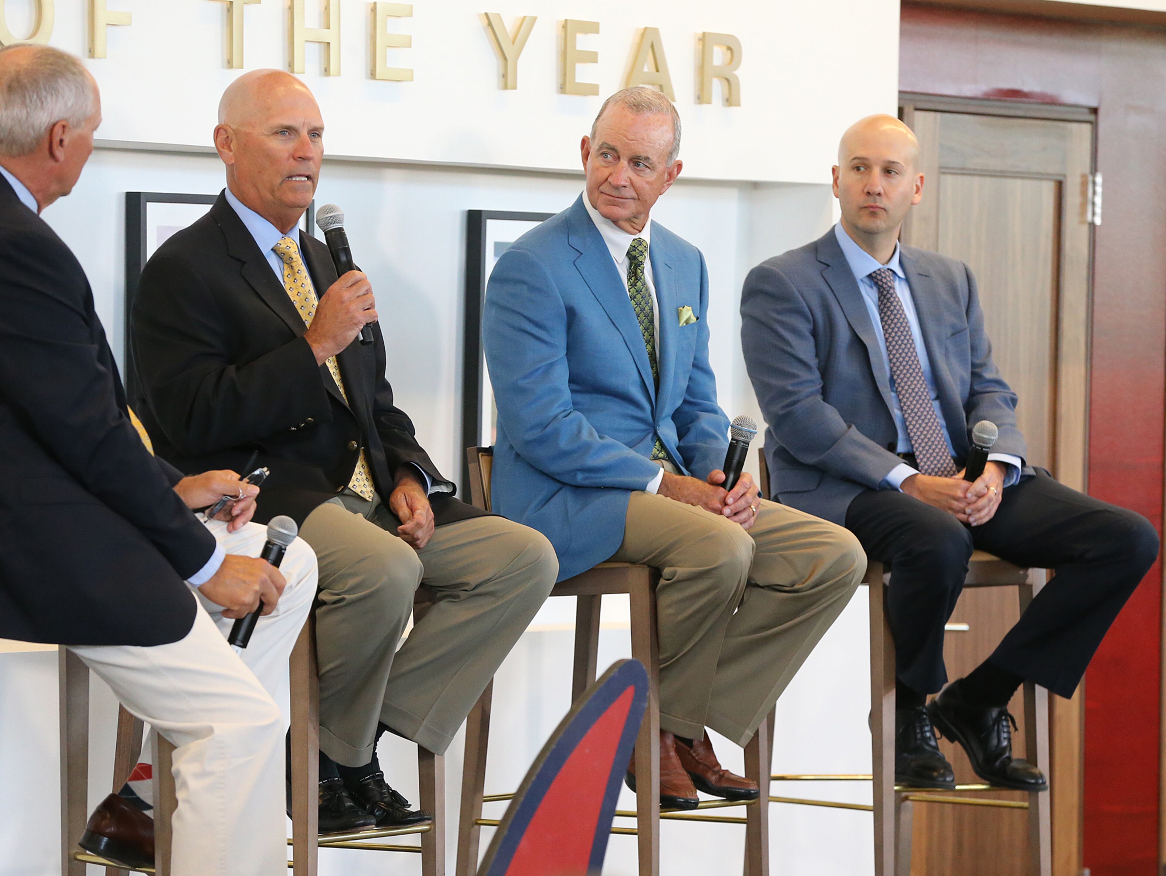 March 30, 2017, Atlanta: Braves manager Brian Snitker (from left), John Hart, and John Coppolella answer questions during the Leadoff Reception in the Infiniti Club at SunTrust Park on Thursday, March 30, 2017, in Atlanta. Curtis Compton/ccompton@ajc.com