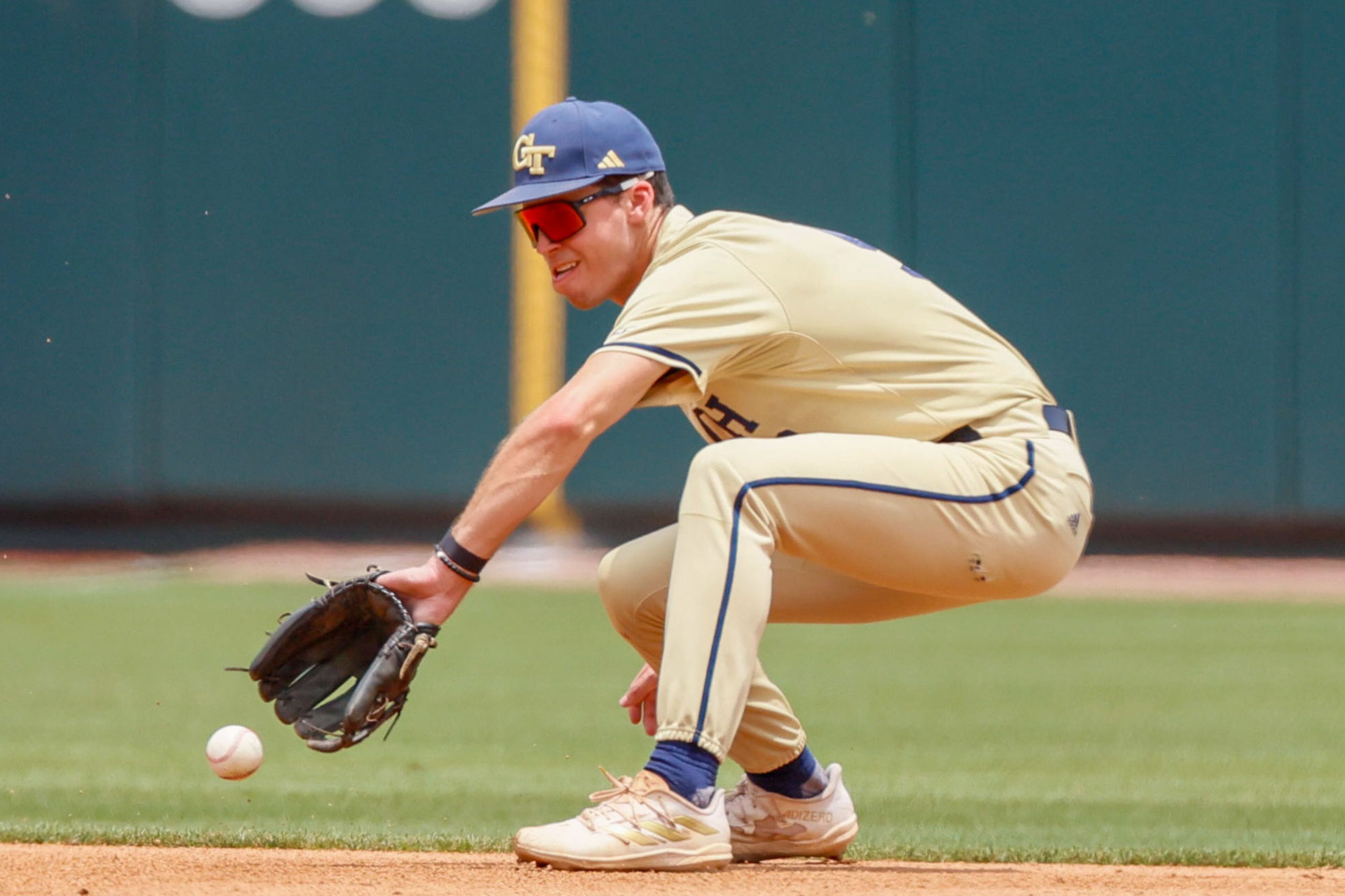Georgia Tech shortstop Payton Green fields a ground ball in the fifth inning against UNC Wilmington during the NCAA Tournament Regional at Foley Field on Sunday, June 2, 2024, in Athens.
(Miguel Martinez / AJC)