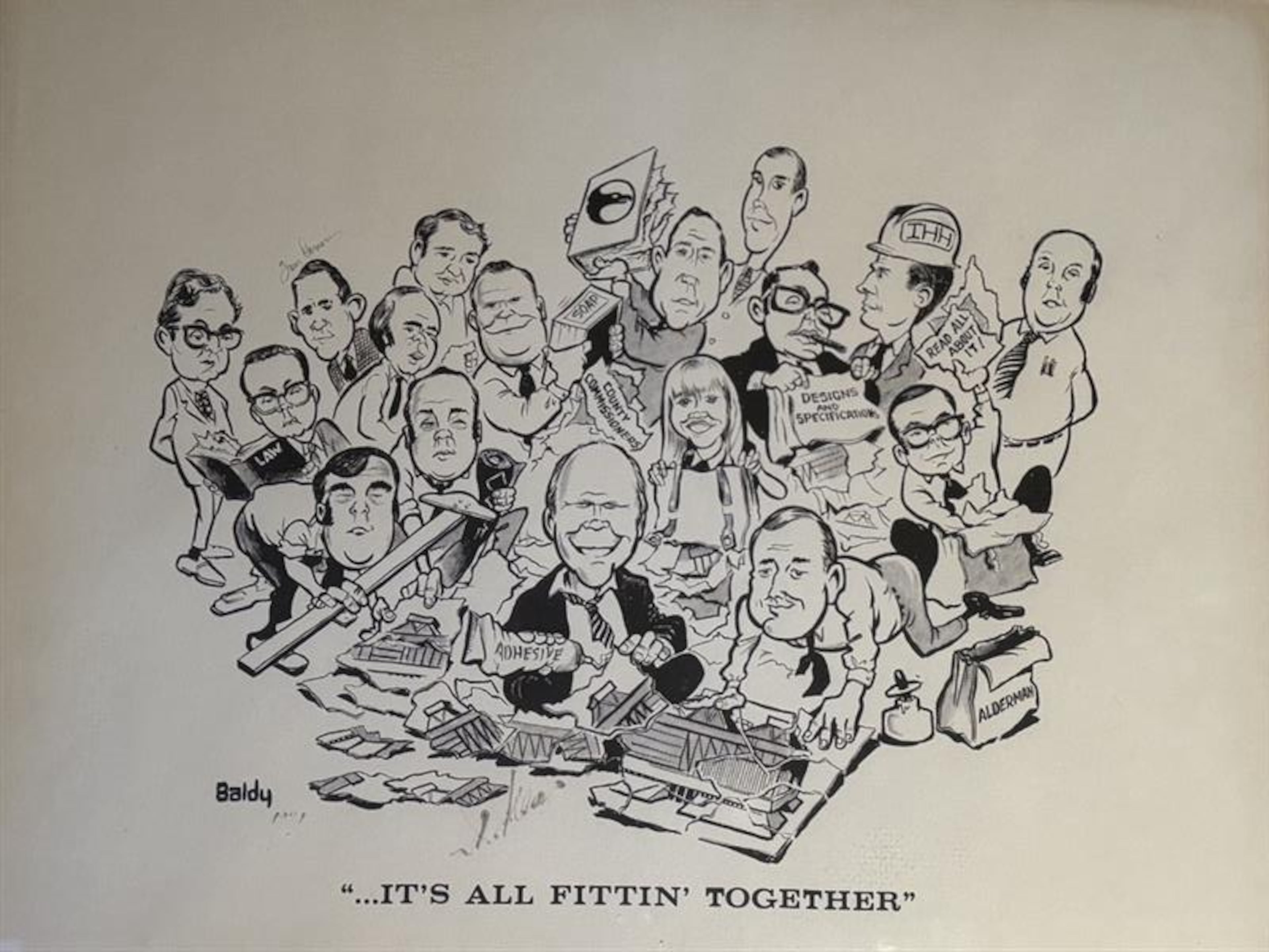 Clifford "Baldy" Baldowski, longtime editorial cartoonist for The Atlanta Journal-Constitution, drew an image of architecture firm TVS that the family of the late Thomas W. Ventulett III still keeps. (Courtesy of Thomas P. Ventulett)