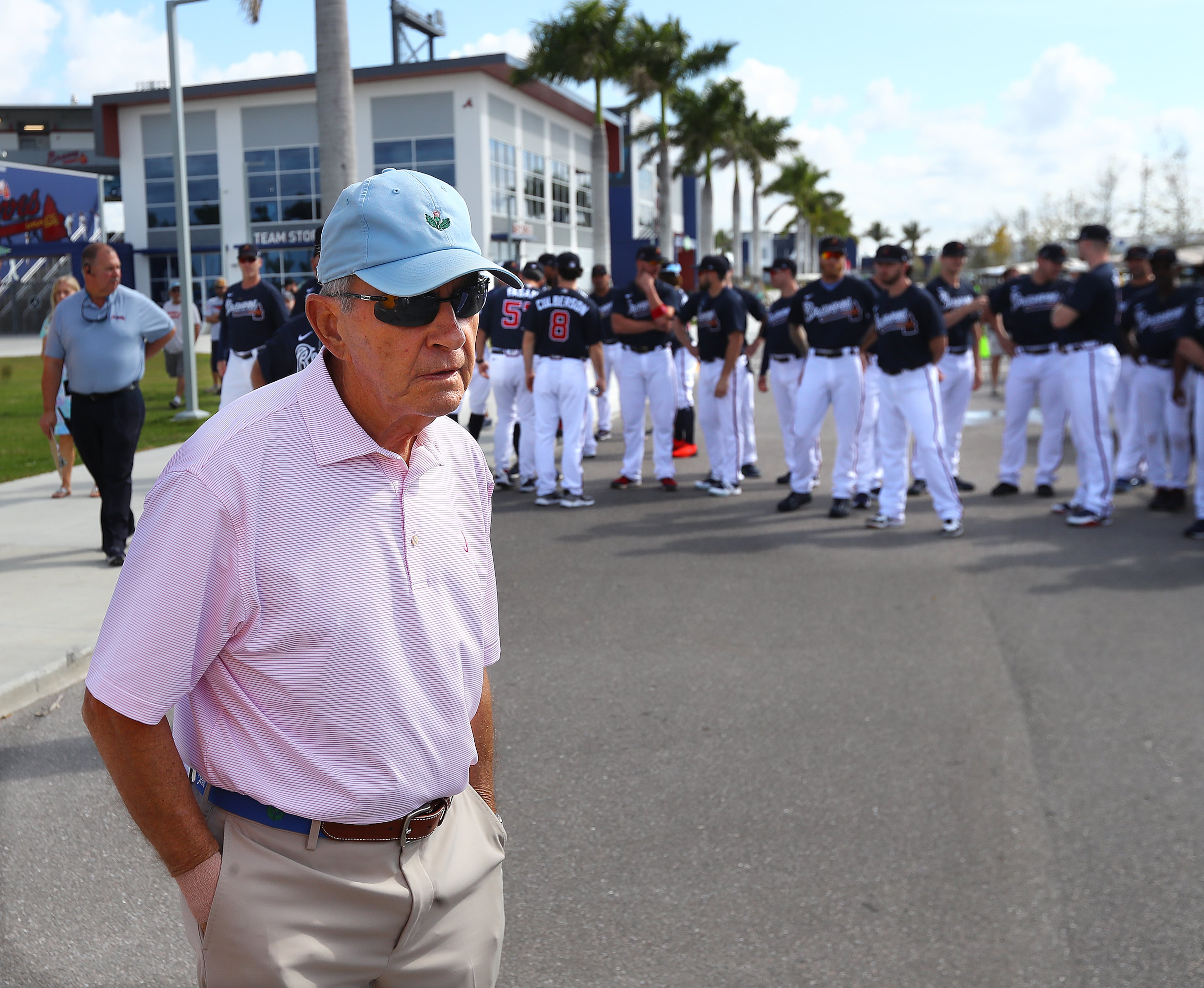 John Schuerholz, now the Braves’ vice chairman emeritus, arrives at CoolToday Park, the team’s new spring-training home in North Port, Fla., on Tuesday.