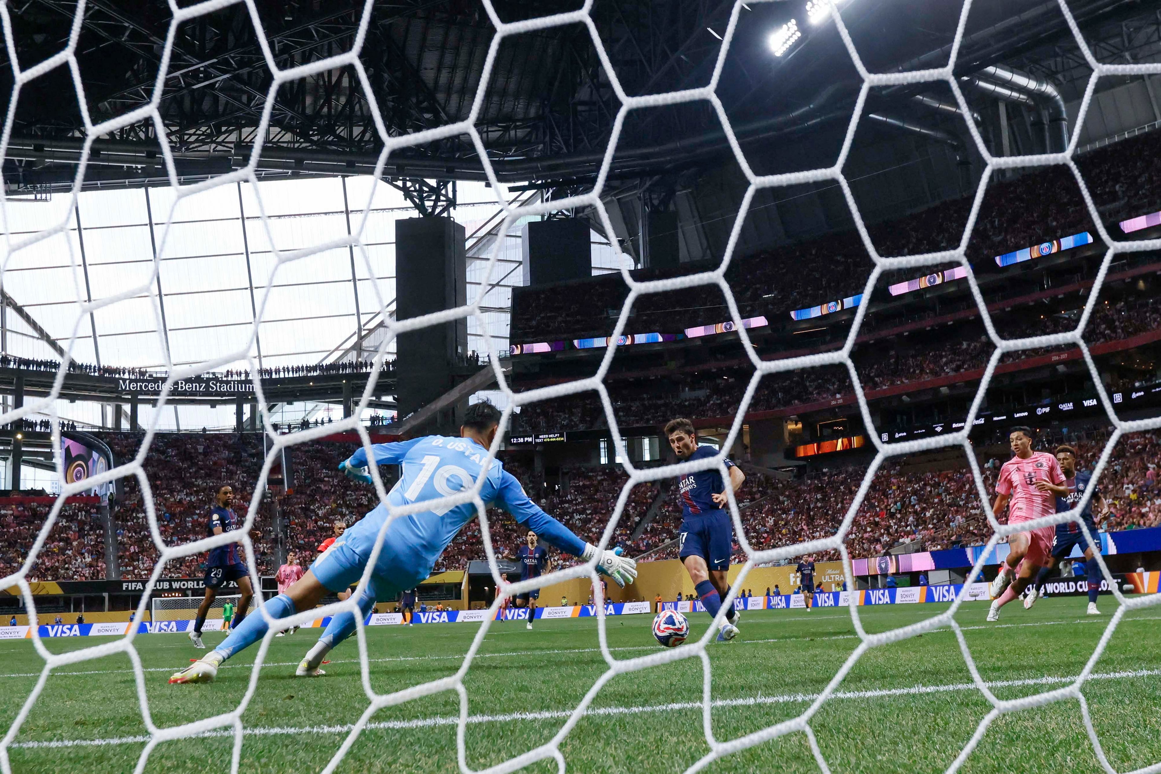 Paris Saint-Germain midfielder João Neves (87), center, hits the goal for his second goal during the Club World Cup round of 16 soccer match between Paris Saint-Germain FC and Inter Miami in Atlanta, Georgia, on Sunday, June 29, 2025.
(Miguel Martinez/ AJC)