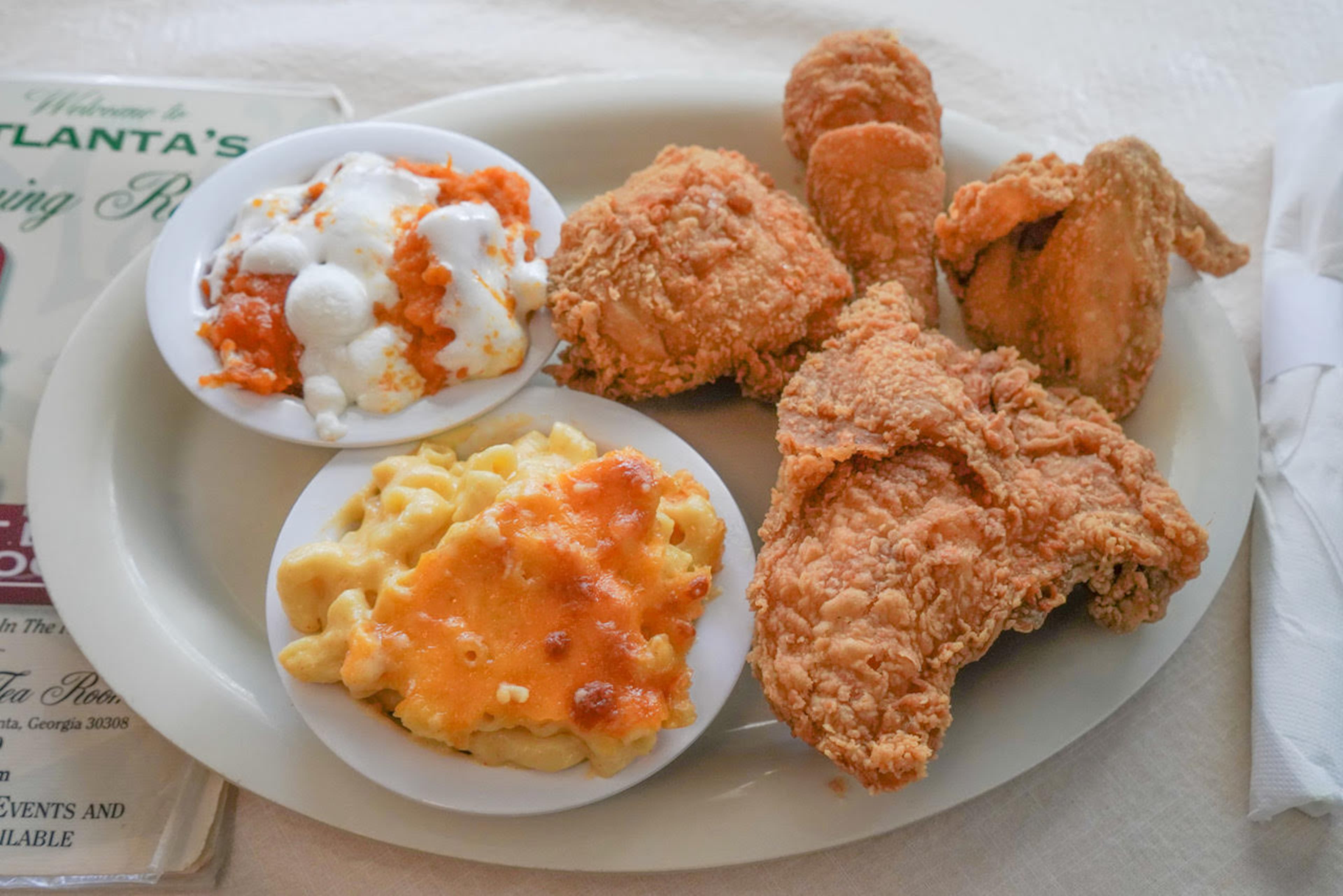 A meal from Mary Mac's Tea Room, including fried chicken, mac and cheese and sweet potato souffle. (Courtesy of Mary Mac's Tea Room)