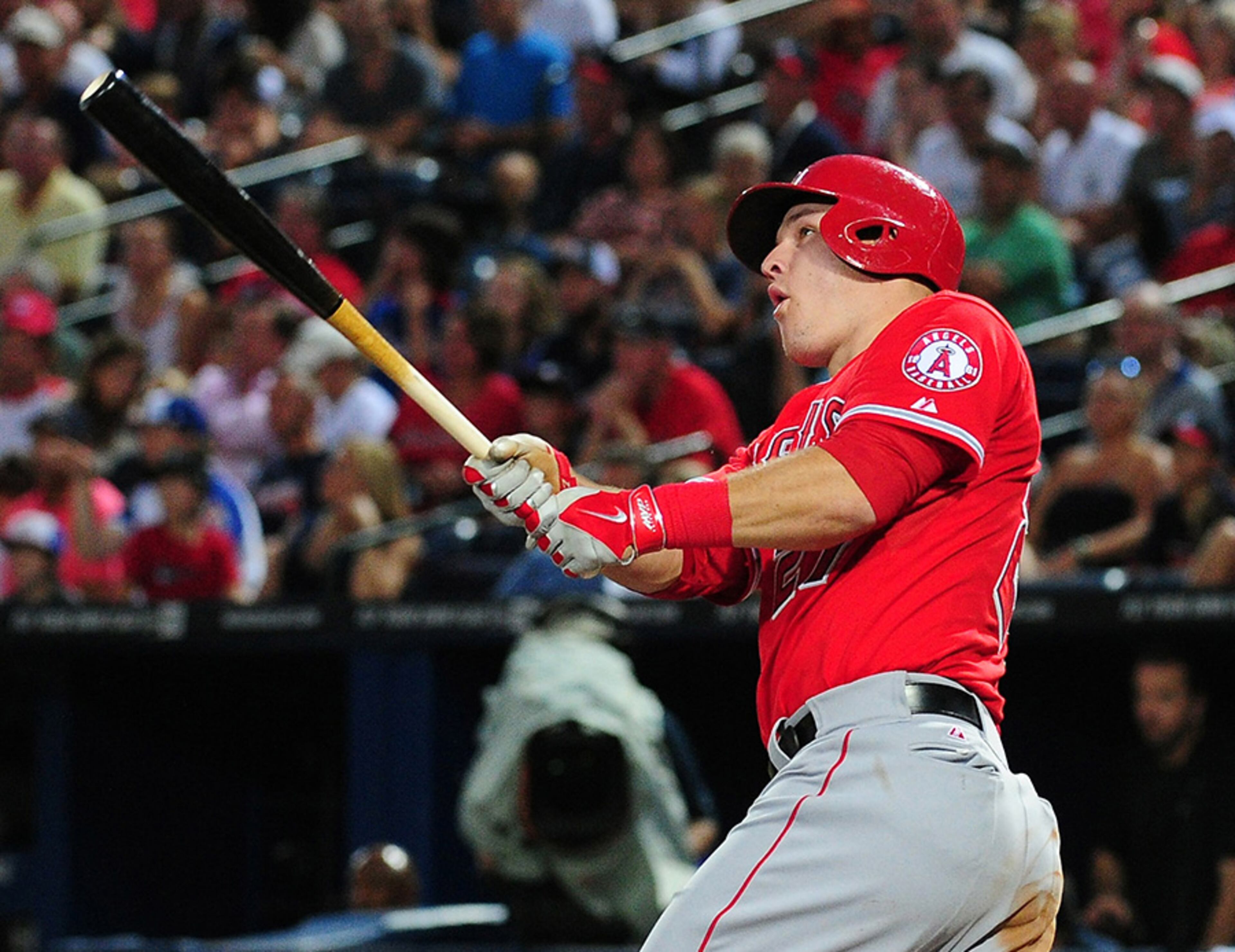 Angels outfielder Mike Trout hits a 3rd inning solo home run - his second in two nights - against the Braves Sunday at Turner Field.