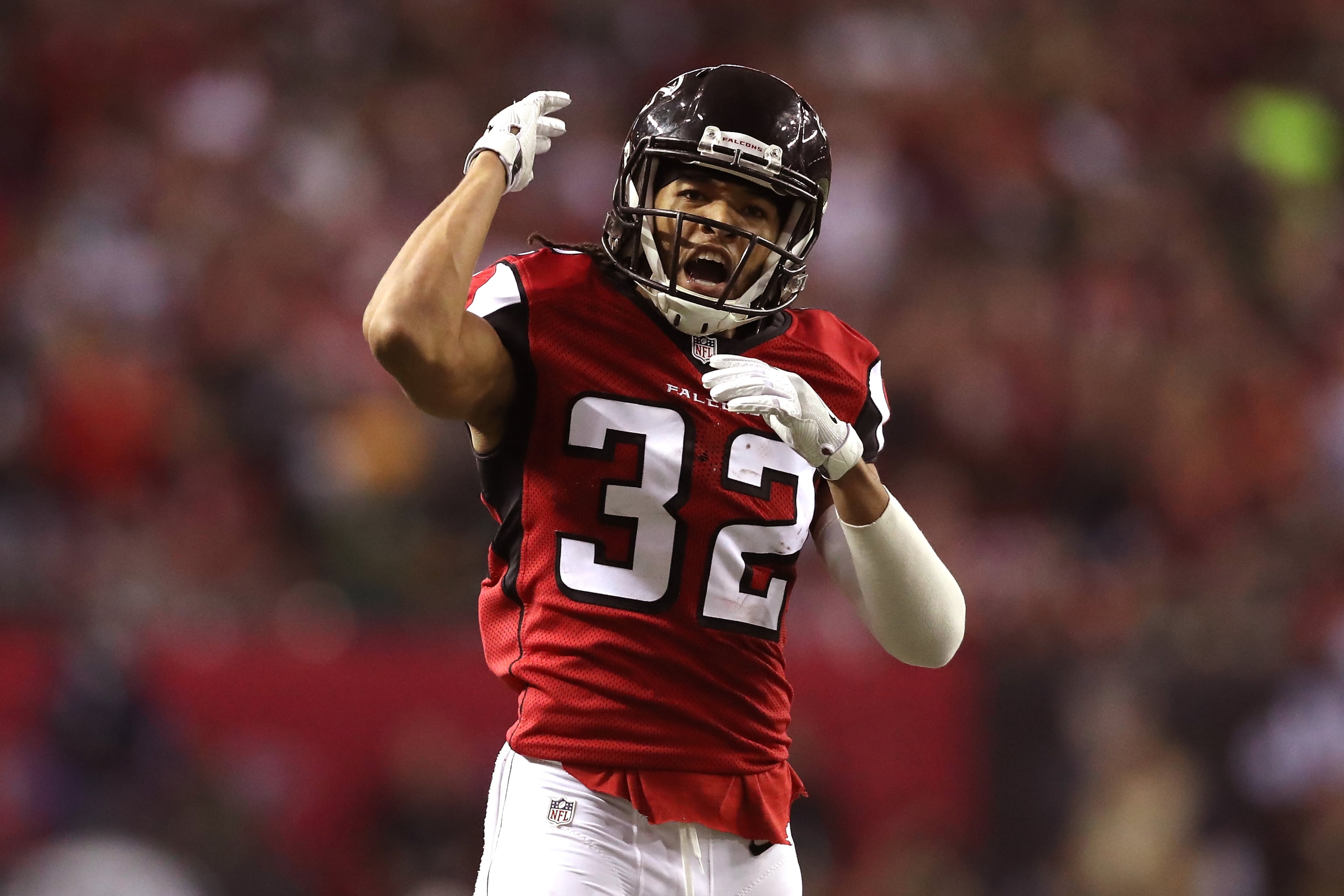ATLANTA, GA - JANUARY 22: Jalen Collins #32 of the Atlanta Falcons reacts after a play in the second quarter against the Green Bay Packers in the NFC Championship Game at the Georgia Dome on January 22, 2017 in Atlanta, Georgia. (Photo by Rob Carr/Getty Images)