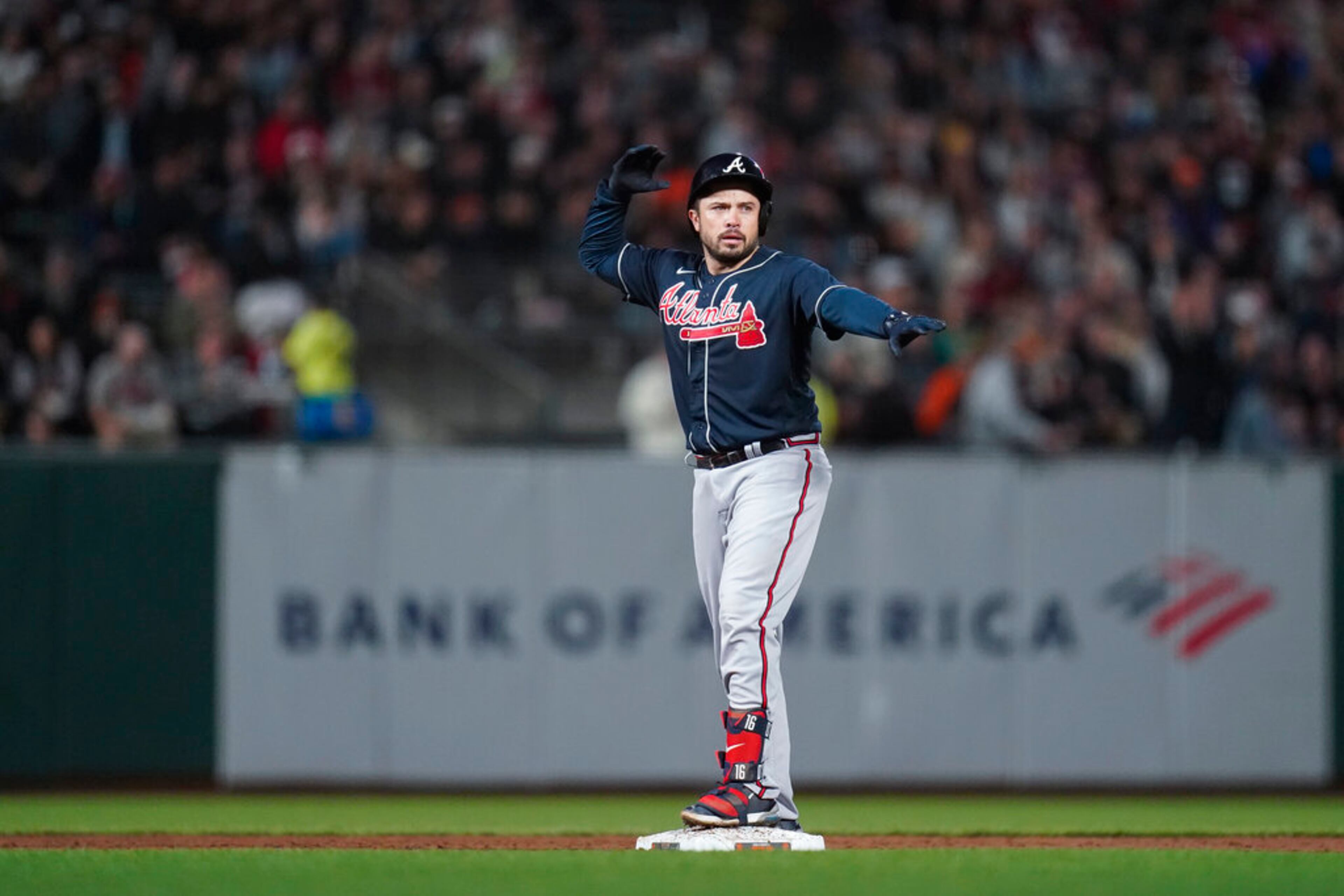 Atlanta Braves' d'Arnaud reacts after hitting a double against the San Francisco Giants during the third inning of a baseball game in San Francisco, Tuesday, Sept. 13, 2022. (AP Photo/Godofredo A. Vásquez)