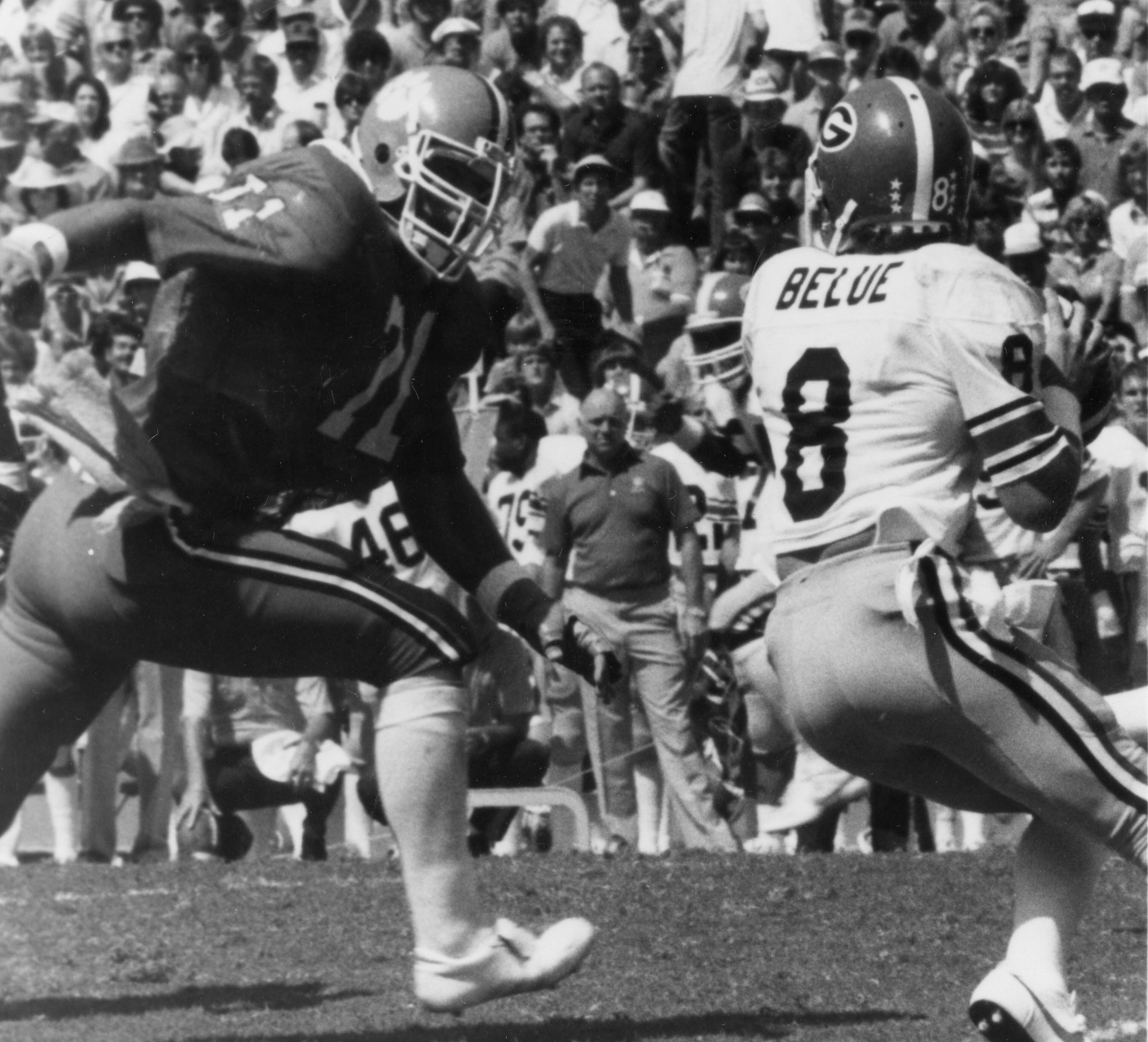 Clemson's Dan Benish pressures Georgia QB Buck Belue in 1981. (Special to the AJC)