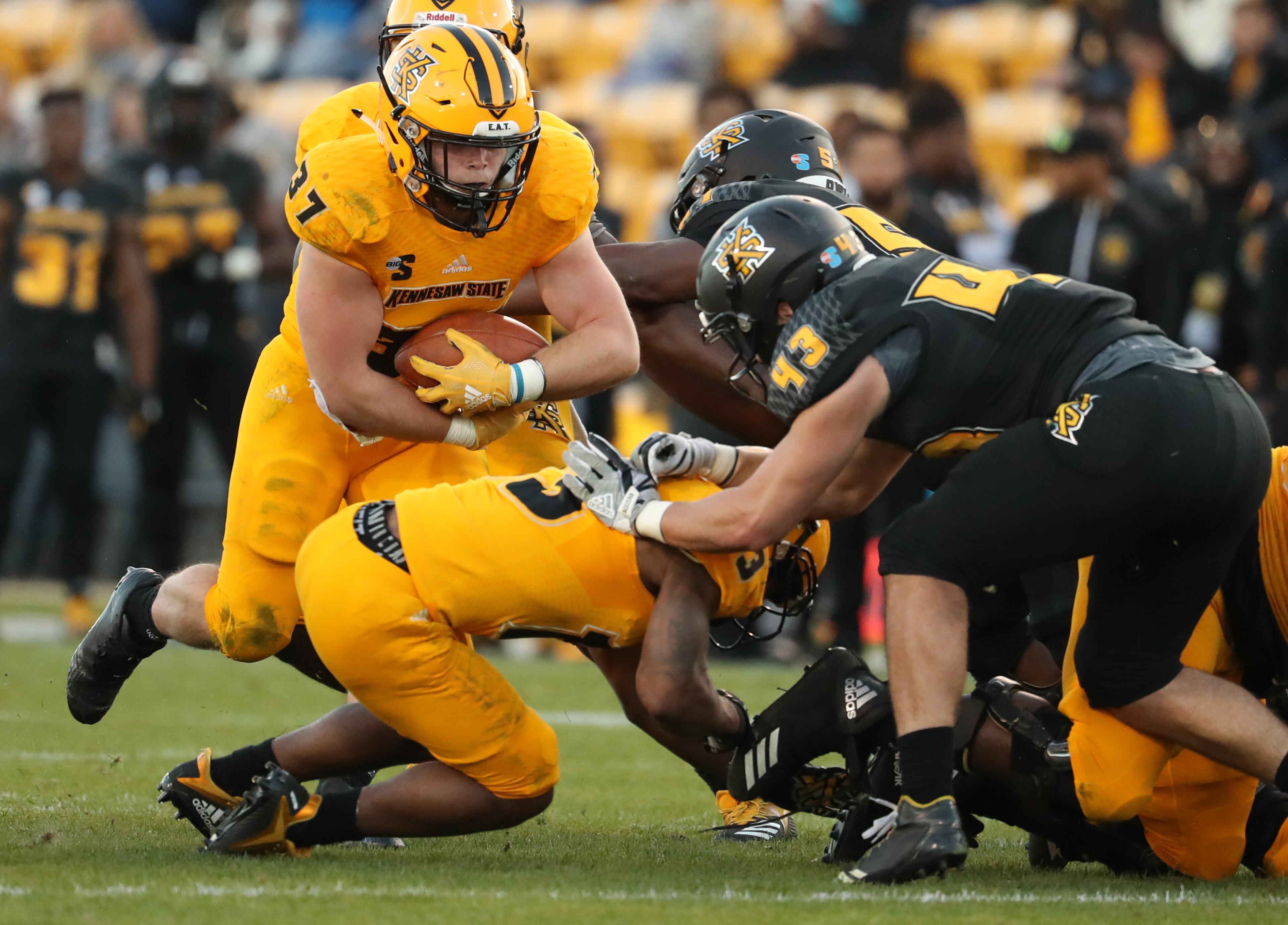 March 22, 2019 - Kennesaw, Ga: Kennesaw State Owls running back Cole Gilley (37) runs for short yardage during the KSU spring football game at Fifth Third Bank Stadium Friday, March 22, 2019 in Kennesaw, Ga.. (JASON GETZ/SPECIAL TO THE AJC)