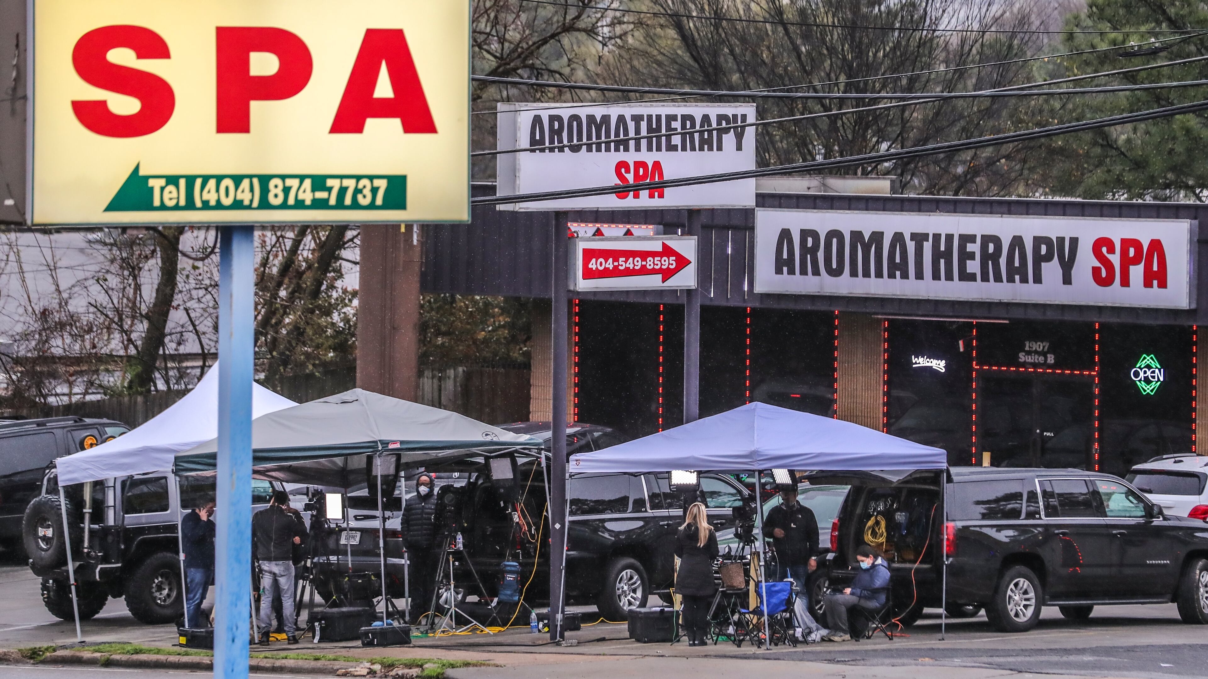 March 17, 2021 Atlanta: The National media camped out in front of the Gold Spa and Aromatherapy Spa on Piedmont Road in Atlanta on Wednesday morning, March 17, 2021 where Atlanta officers found four women shot to death Tuesday night. Cherokee County Sheriff Frank Reynolds said Wednesday the suspect in a metro Atlanta spa shooting spree that killed eight people bought the gun he used hours earlier. Investigators also believe 21-year-old Robert Aaron Long, accused in the shootings in Cherokee County and northeast Atlanta, may have a sexual addiction and frequented the types of businesses he allegedly targeted. ”During his interview, he gave no indicators that this was racially motivated,” Reynolds said. “We asked him that specifically and the answer was no.” But Long did take responsibility for the shootings, Capt. Jay Baker with the Cherokee sheriff’s office said Wednesday. Long, according to Baker, said the massage parlors represented a “temptation he wanted to eliminate.” “Yesterday was a really bad day for him and this is what he did,” Baker said at a joint news conference with the Atlanta Police Department. Reynolds said Long bought a gun from a Cherokee shop prior to the shootings. A 9mm firearm was found when Long was arrested in Crisp County, about 150 miles south of Atlanta. Investigators believe Long is the suspect in shootings at three spas that happened about an hour apart Tuesday afternoon. (John Spink / John.Spink@ajc.com)