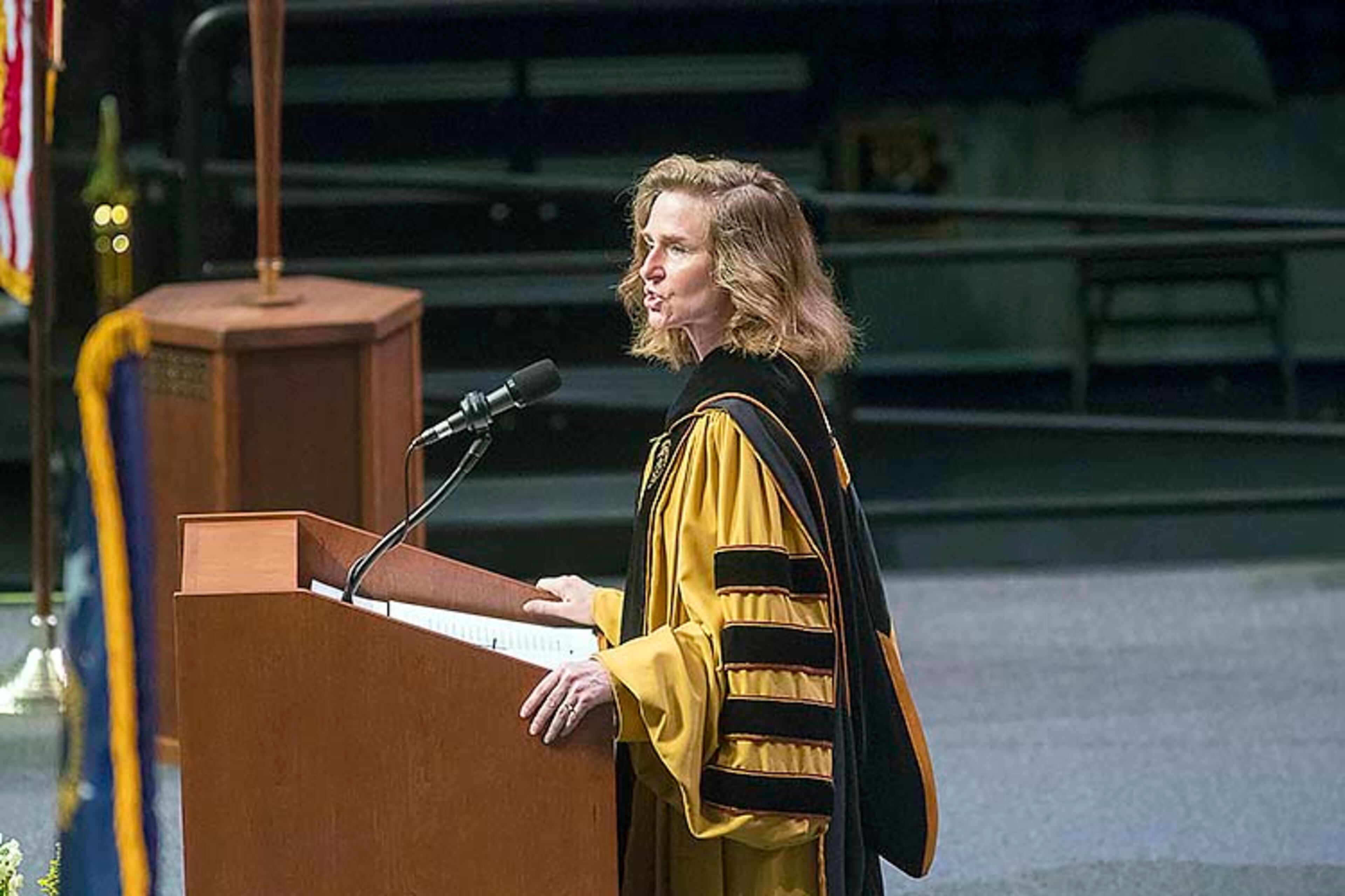 05/09/2019 -- Kennesaw, Georgia -- Kennesaw State University president Pamela S. Whitten speaks during the 223rd Kennesaw State University commencement ceremony at the convocation center on the university's main campus in Kennesaw, Thursday, May 9, 2019. (ALYSSA POINTER/ALYSSA.POINTER@AJC.COM)