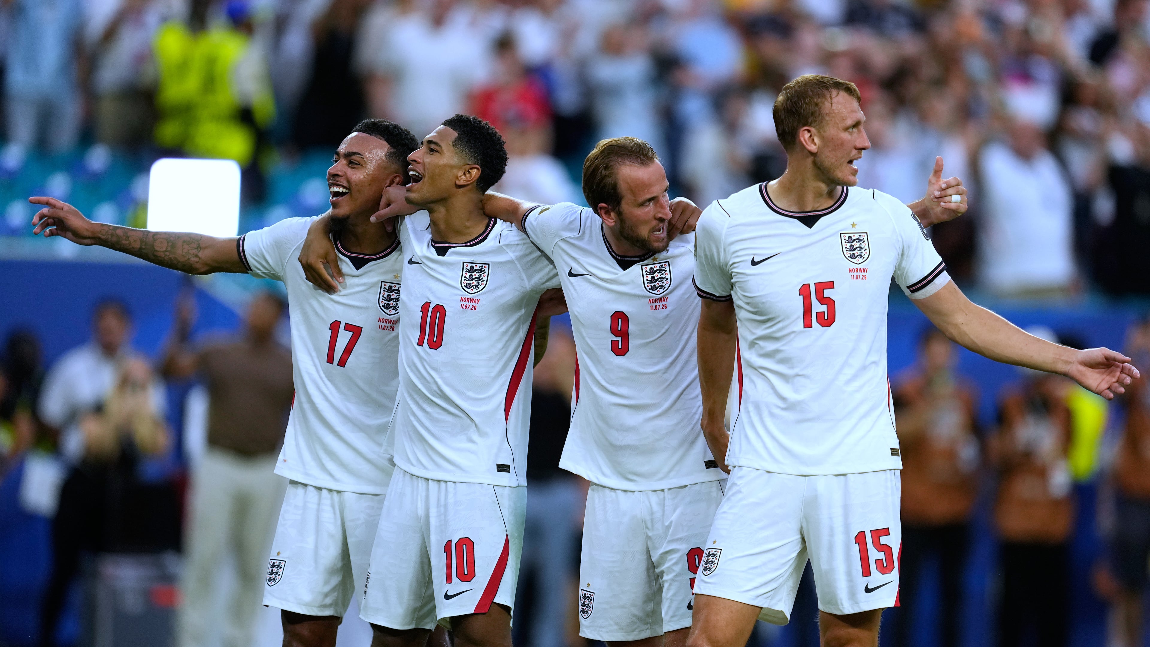 England's Morgan Rogers (left), Jude Bellingham, Harry Kane and Dan Burn celebrate et the end of their World Cup quarterfinal victory against Norway in Miami Gardens, Florida, on Saturday, July 11, 2026. (George Walker IV/AP)