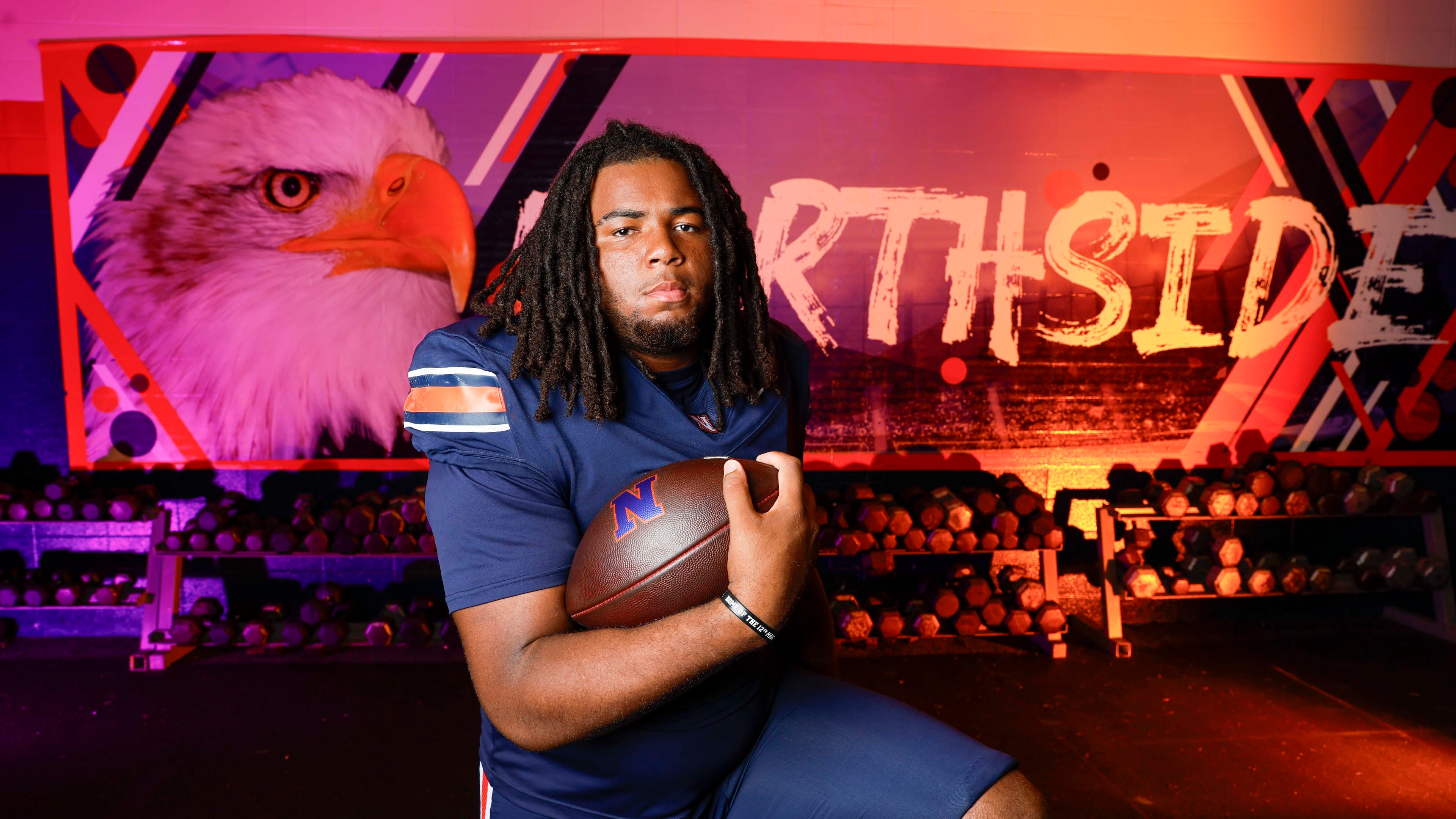 AJC Super 11 Elijah Patmon, a defensive tackle and defensive end, poses for a portrait at Northside High School on Tuesday, July 14, 2026, in Warner Robins. The 4-star Texas A&M commit will play on bigger stages soon. (Miguel Martinez/AJC)