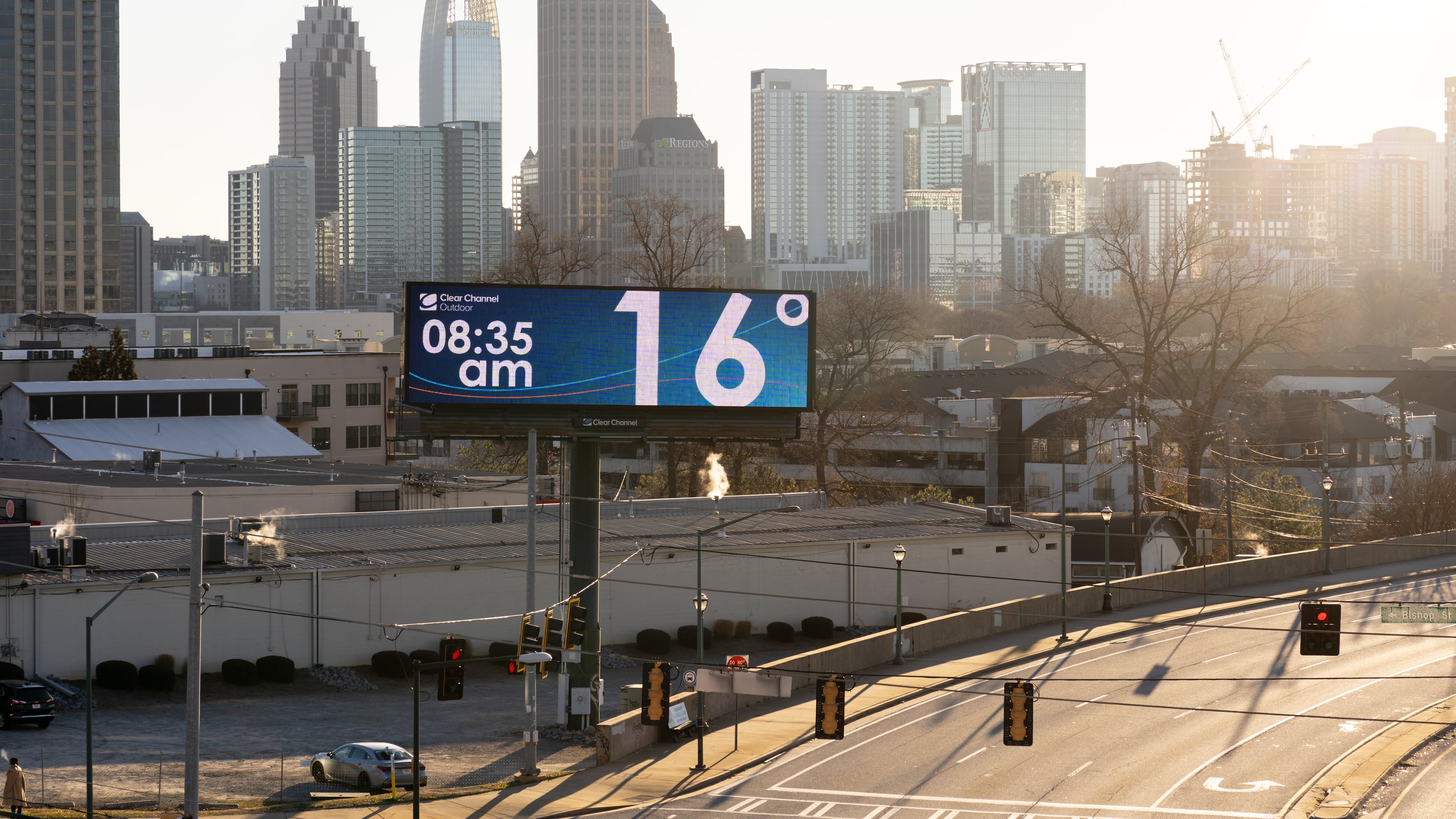 A billboard displays the current temperature along 17th Street in Atlanta, Georgia. Monday, Janurary 20, 2025 (Ben Hendren for the Atlanta Journal-Constitution)