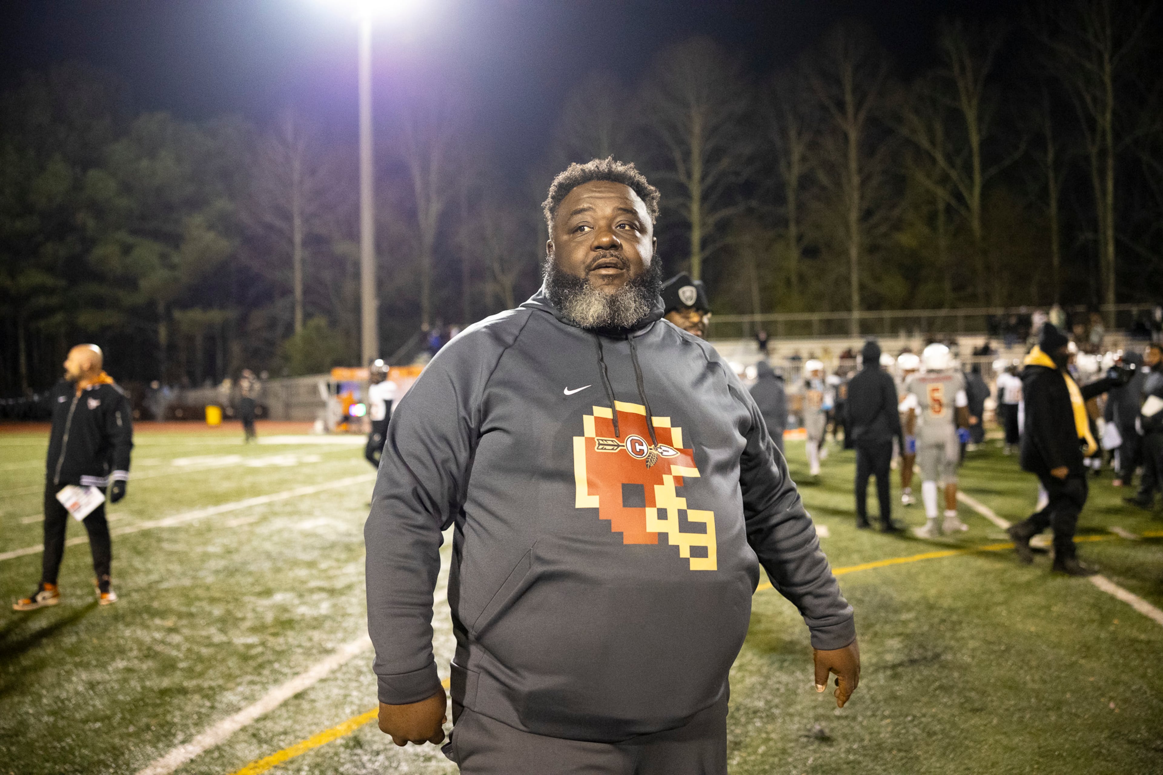 Creekside head coach Maurice Dixon walks off the field after winning the Class 4A semifinal on Friday, Dec. 5, 2025, at Creekside High School in Fairburn. (Oscar Guevara Saenz for the AJC)