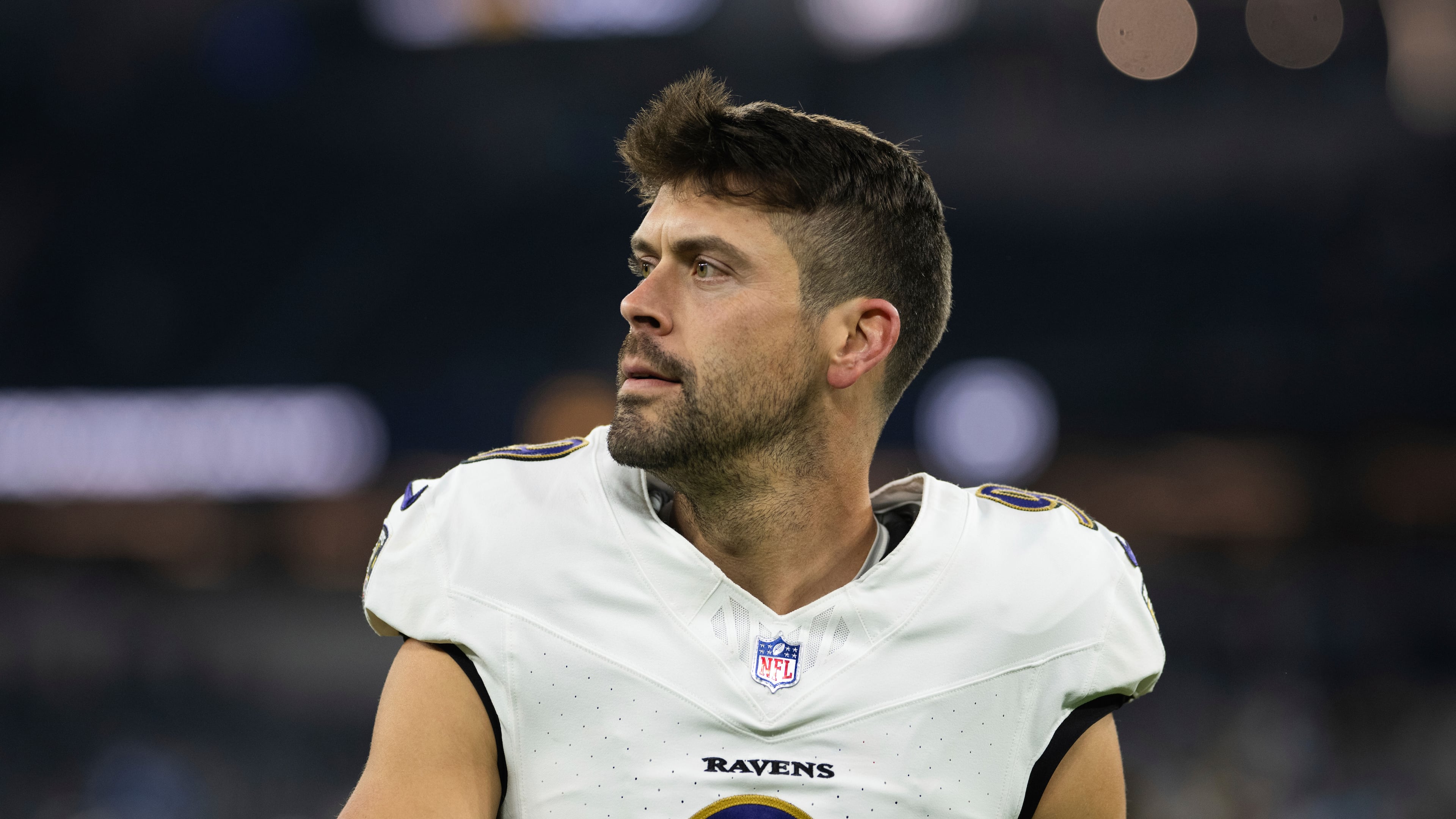 FILE - Baltimore Ravens place kicker Justin Tucker walks back to the locker room after an NFL football game against the Los Angeles Chargers, Nov. 25, 2024, in Inglewood, Calif. (AP Photo/Kyusung Gong, File)
