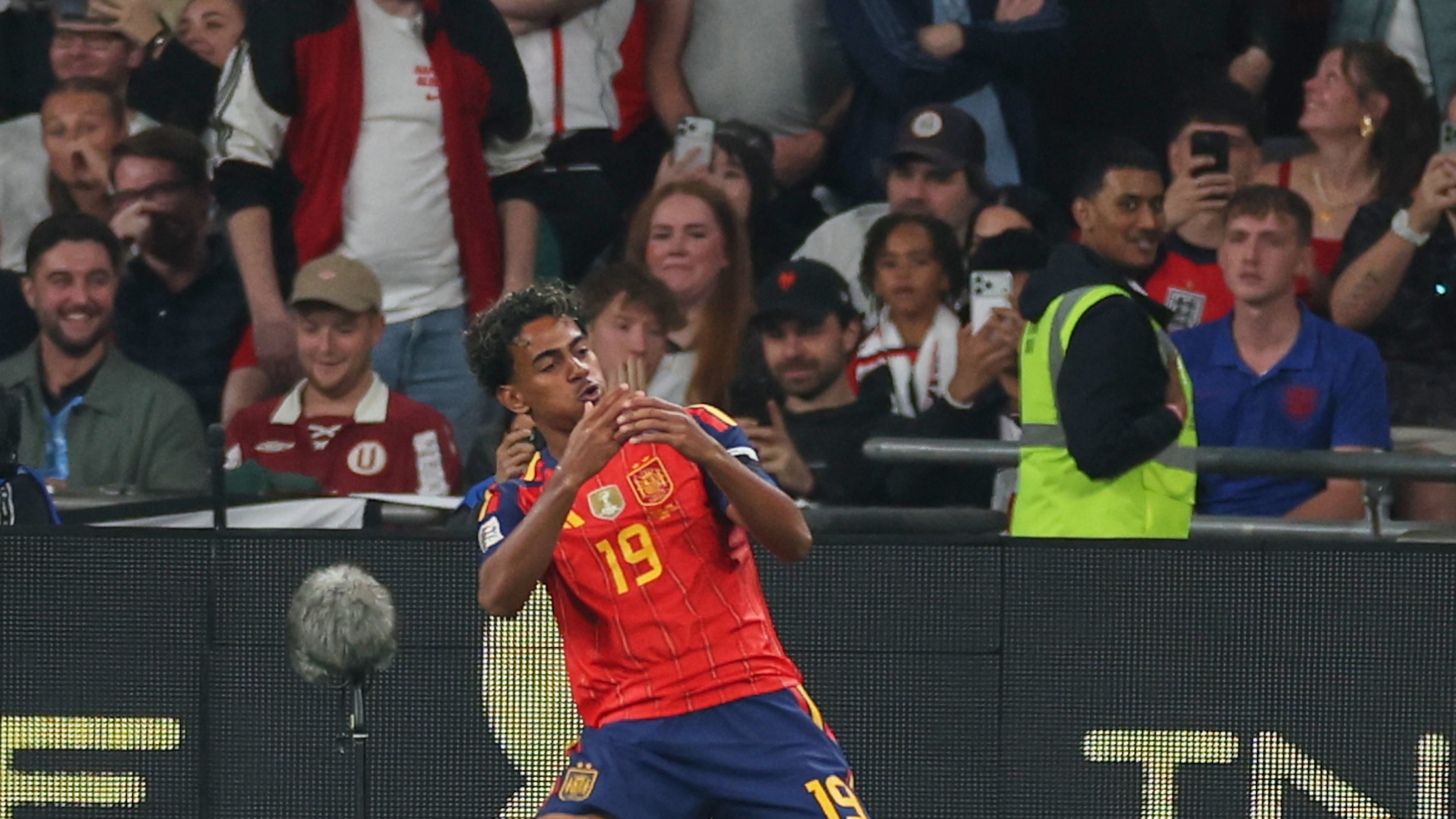 Spain's Lamine Yamal celebrates after scoring the opening goal during the Nations League Soccer match between England and Spain in London, Saturday, Sept. 26, 2026. (AP Photo/Ian Walton)