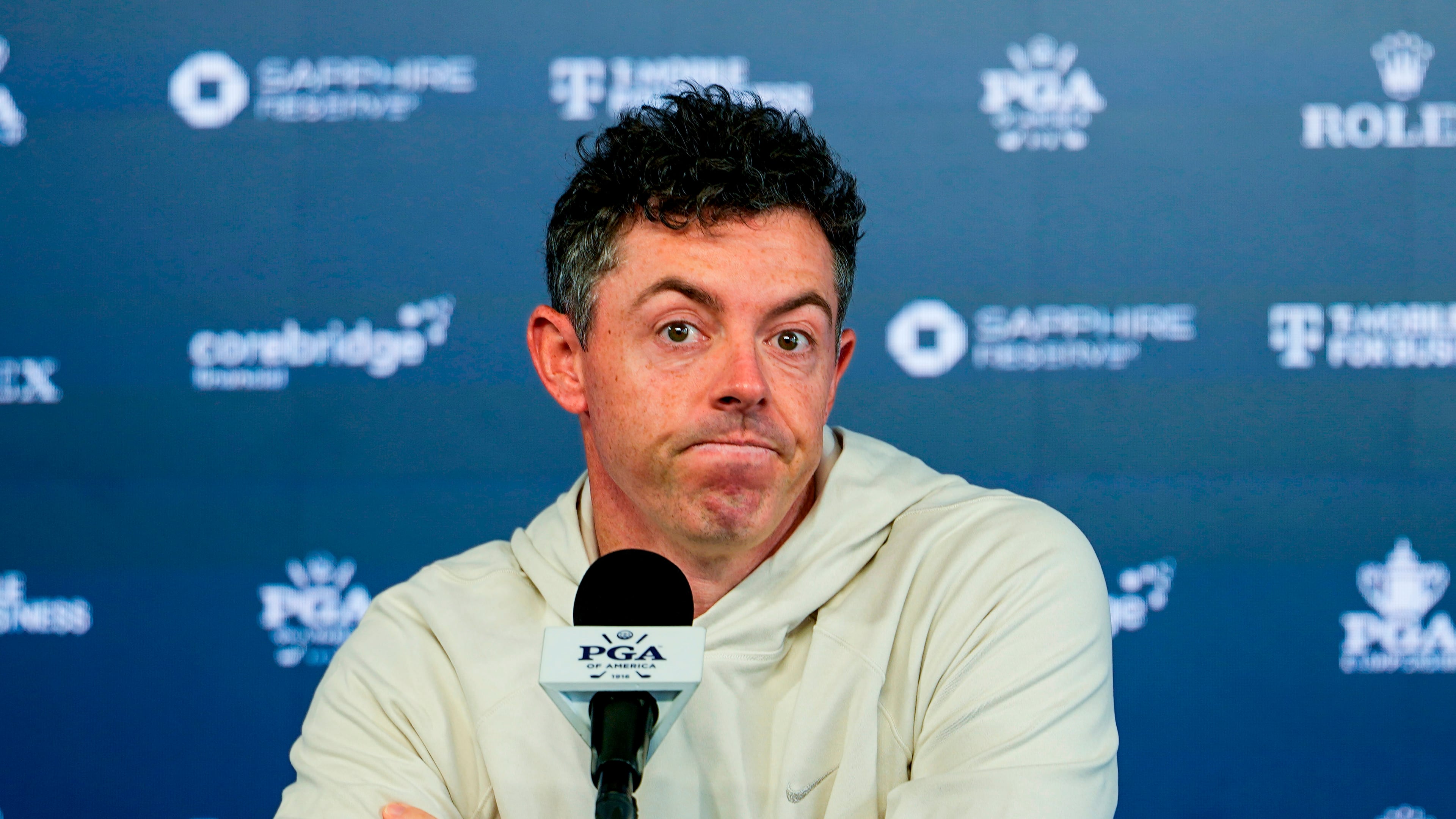 Rory McIlroy, of Northern Ireland, speaks to the media prior to a PGA Championship golf tournament practice round at Aronimink Golf Club, Tuesday, May 12, 2026, in Newtown Square, PA. (AP Photo/Carolyn Kaster)