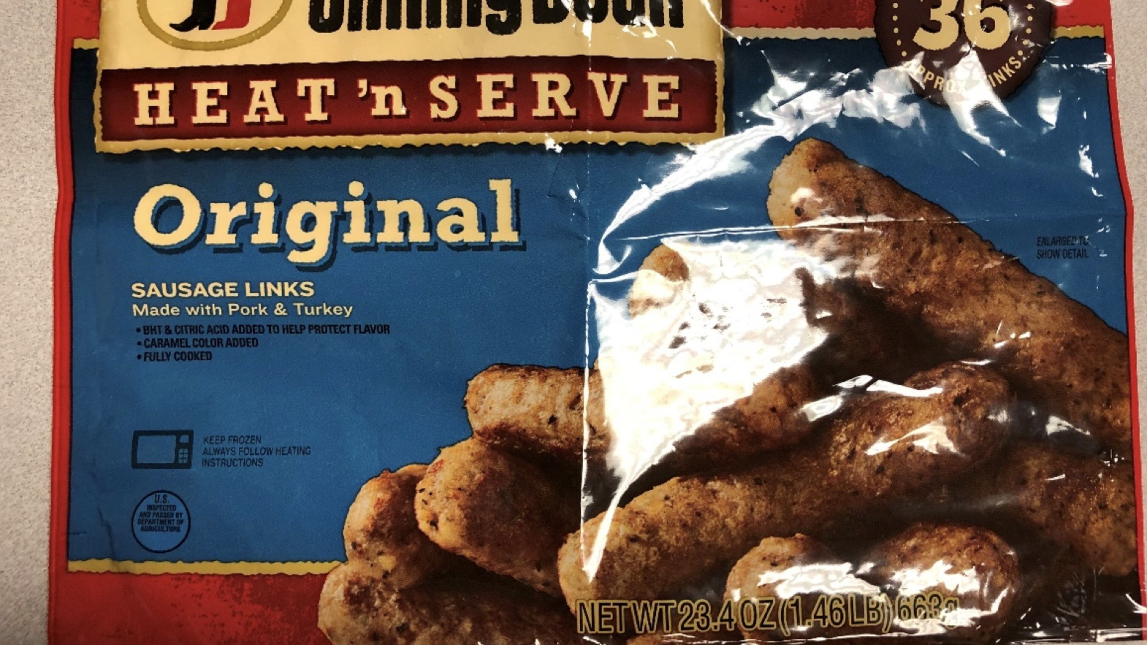The product being recalled is “23.4-oz. pouches of ‘Jimmy Dean HEAT ’n SERVE Original SAUSAGE LINKS Made with Pork & Turkey’ with a Use By date of Jan. 31, 19. The product bears case code A6382168, with a time stamp range of 11:58 through 01:49.”