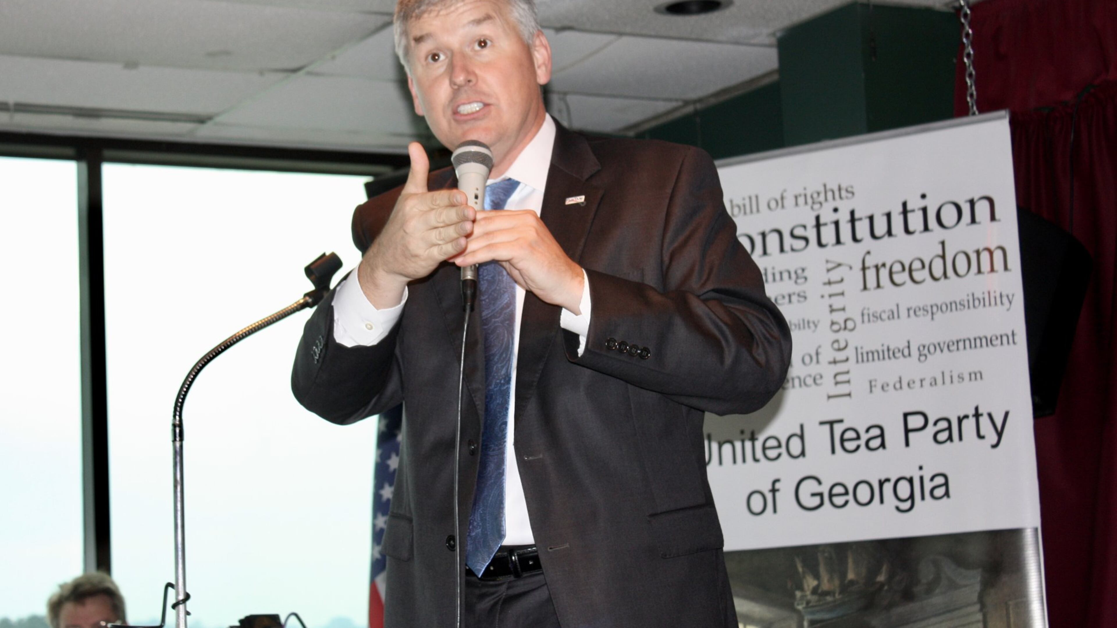 U.S. Rep. Rob Woodall, R-Ga., responds to questions at Thursday’s meeting with the United Tea Party of Georgia in Lawrenceville. Thursday, June 1, 2017. Woodall’s participation in the event was kept secret to keep away progressive critics. Like many members of Congress, Woodall has not scheduled any public town halls during the legislative break. CHRIS JOYNER / CJOYNER@AJC.COM
