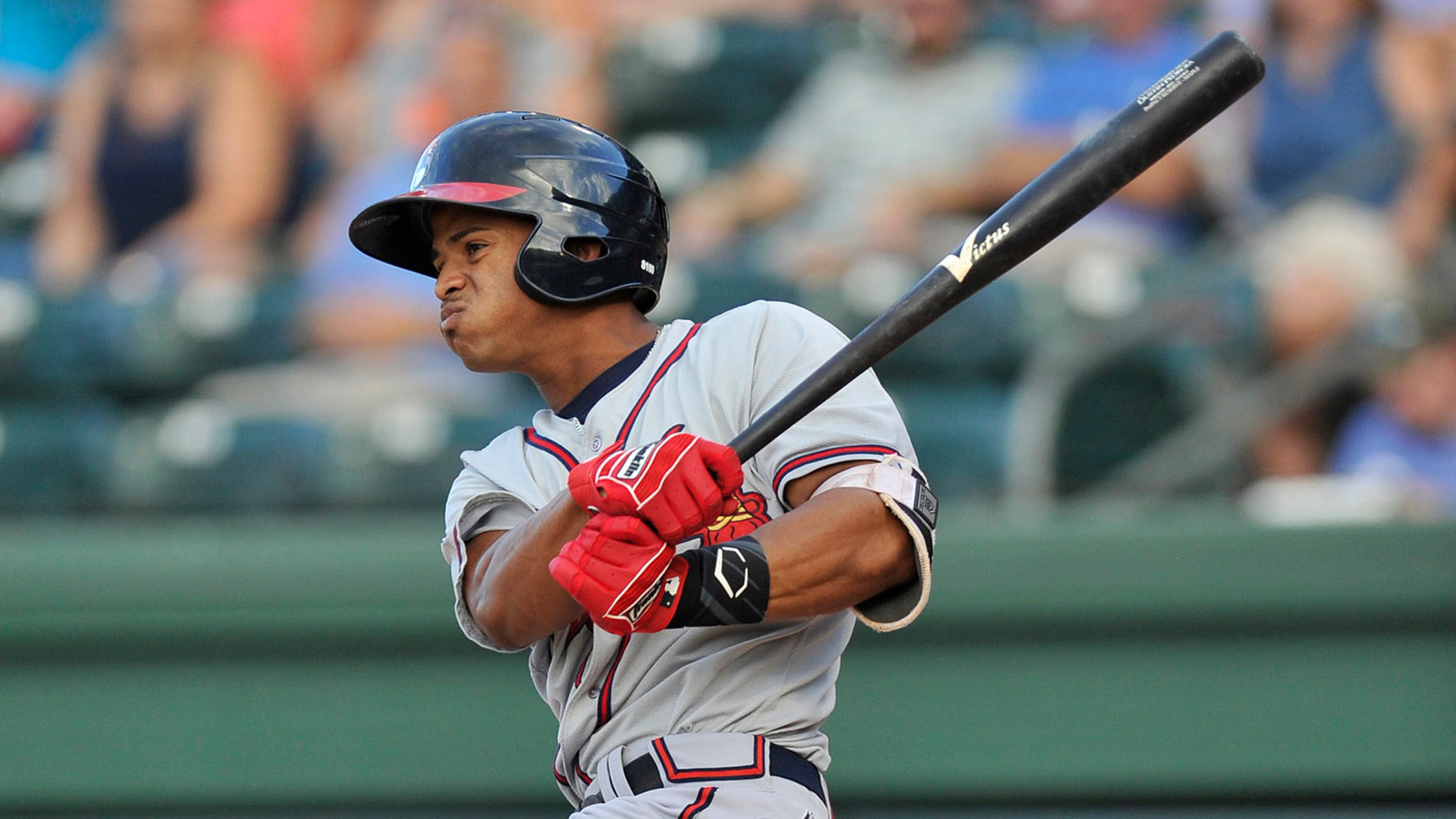 Center fielder Ray-Patrick Didder (11) of the Rome Braves bats in a game against the Greenville Drive on Thursday, July 28, 2016, at Fluor Field at the West End in Greenville, South Carolina. Greenville won, 5-4. (Tom Priddy/Four Seam Images via AP Images)