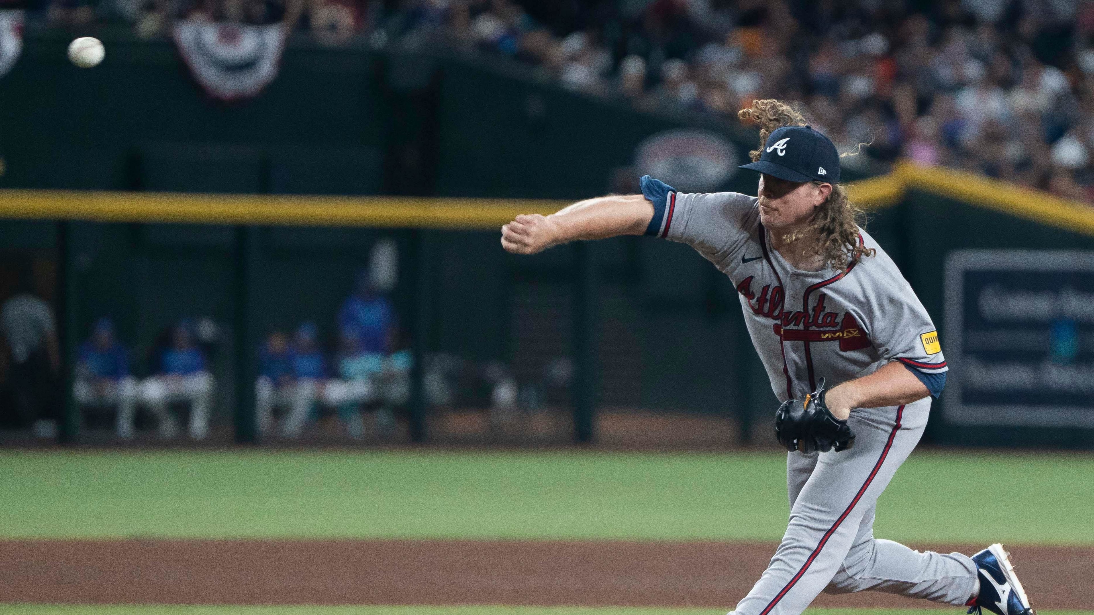 Braves pitcher Grant Holmes throws against the Diamondbacks on Friday, April 3, 2026, in Phoenix. Holmes’ gem Friday lengthened the team’s eight-game stretch of solid pitching to start the year. (Rebecca Noble/AP)