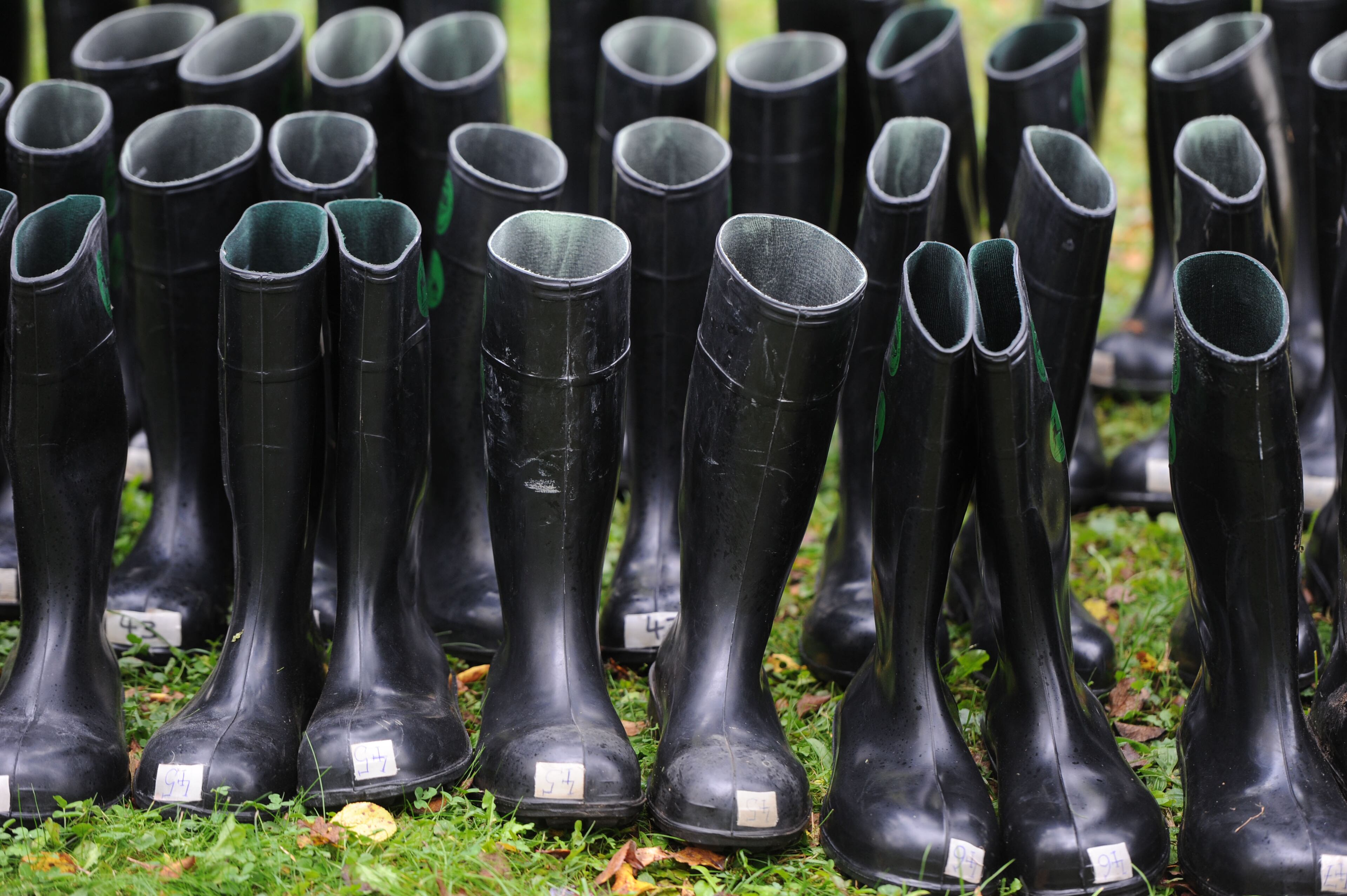 Rubber boots are pictured during training offered by the German Red Cross (DRK) on October 7, 2014 in Wuerzburg, Germany for volunteer doctors who will travel to West Africa to help care for Ebola patients. Over 1,200 people across Germany have responded to a DRK call for volunteers, while the German armed forces, the Bundeswehr, has also asked for volunteers from its own ranks. Countries around the world are taking increasing precautions and committing resources in the battle against the deadly virus as the number of victims continues to climb. (Photo Timm Schamberger/Getty Images)