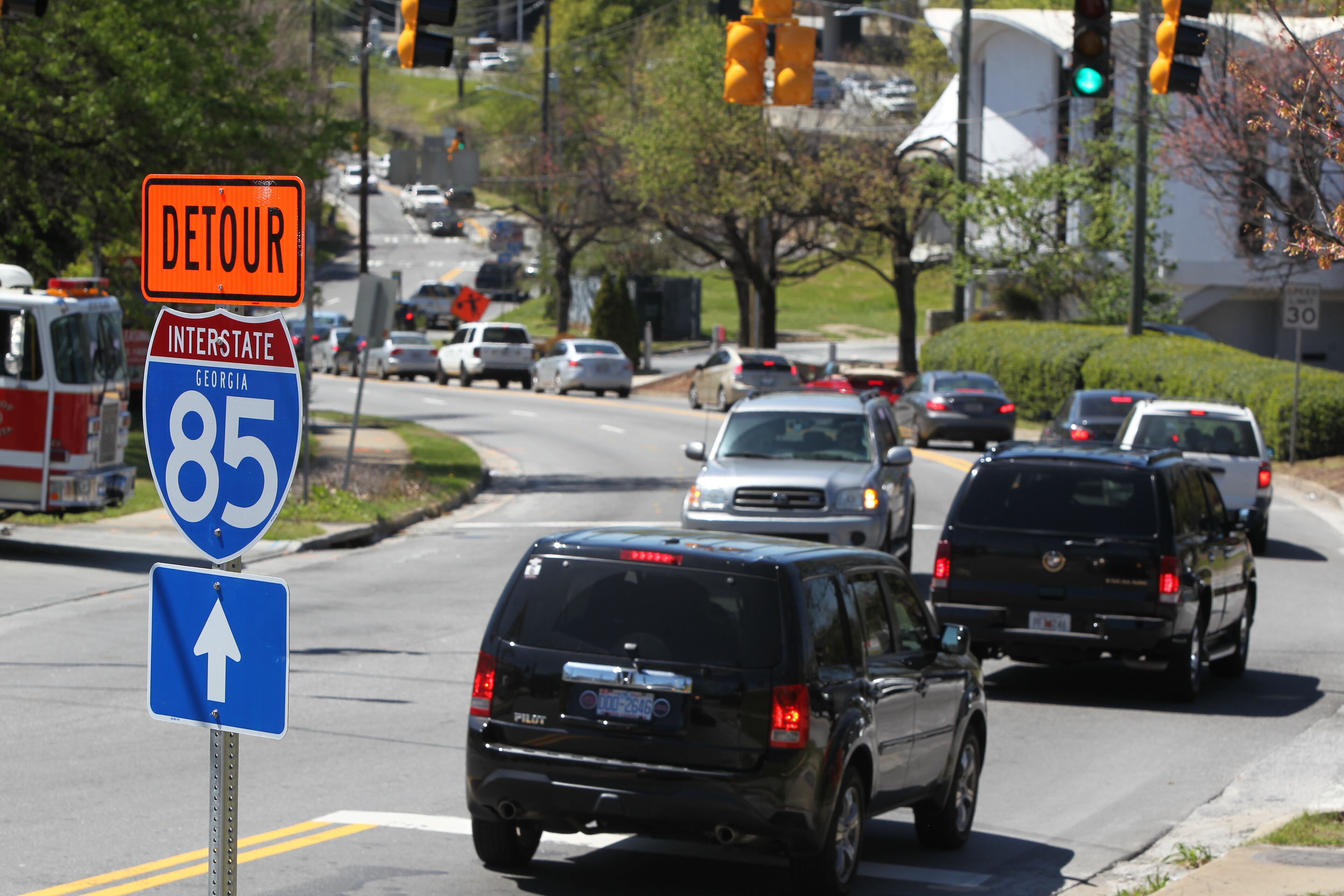 Looking towards Monroe Drive, traffic continues to pile up on the Buford Spring Connector and roads surrounding it in the Piedmont Heights and Lindbergh areas in Atlanta, Georgia, on April 1, 2017. With I-85 closed for an indefinite amount of time, Atlanta is headed for a transportation nightmare, with commuters having to find alternative routes in and out of Atlanta. (HENRY TAYLOR / HENRY.TAYLOR@AJC.COM)