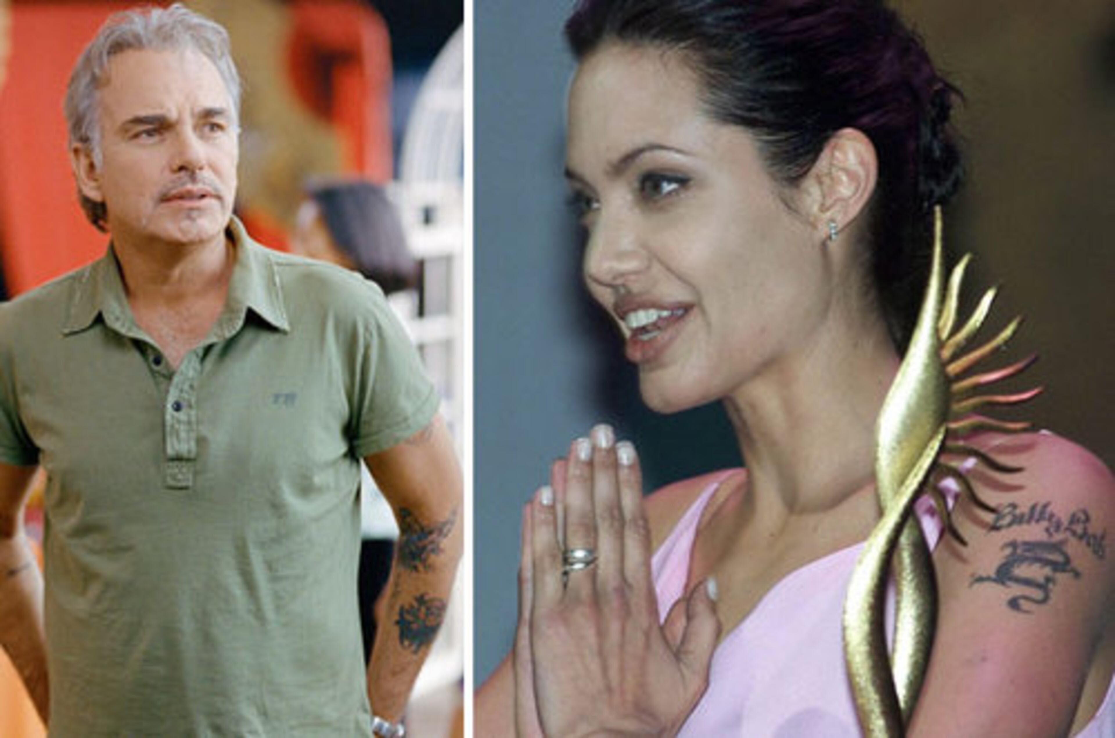 Pre-Brad Pitt, Angelina Jolie did a lot of questionable things -- one of which was having then-husband Billy Bob Thornton's name tattooed in gothic script on her bicep. Sure, with all the talk among the two about their voracious sex life, their intense PDA-ing and the vials of each other's blood around their necks, everyone thought that relationship would last forever -- but it didn't. Shocker. The name has since been removed.