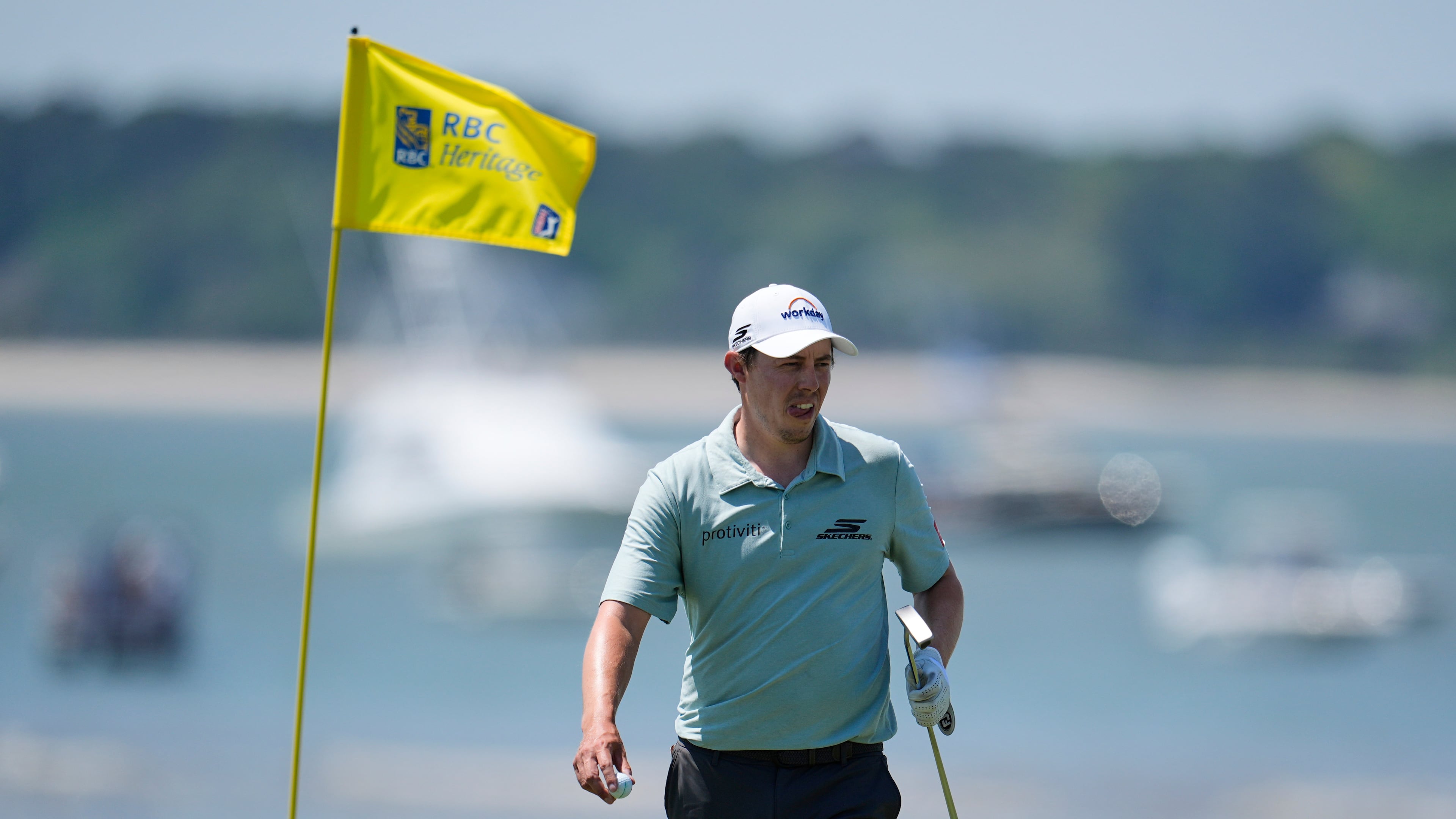 Matt Fitzpatrick, of England, prepares to putt on the 18th hole during the second round at the RBC Heritage golf tournament Friday, April 17, 2026, in Hilton Head, S.C. (AP Photo/Mike Stewart)