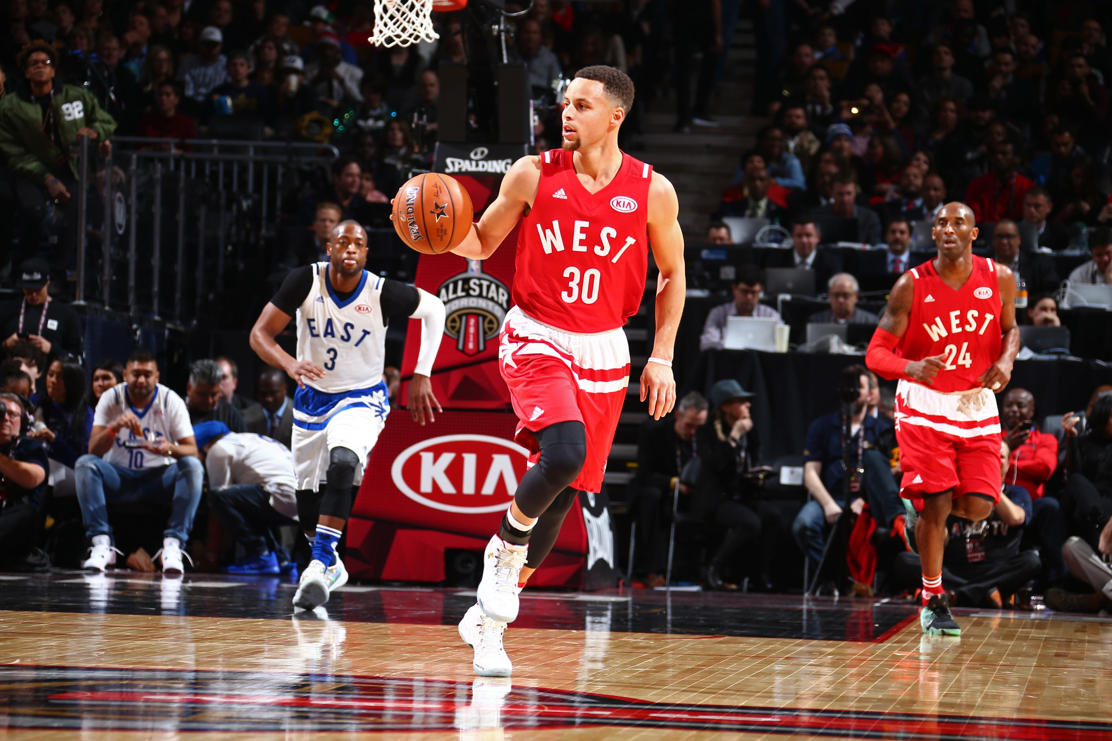 TORONTO, CANADA - FEBRUARY 14: Stephen Curry #30 of the Western Conference dribbles the ball during the NBA All-Star Game as part of 2016 NBA All-Star Weekend on February 14, 2016 at the Air Canada Centre in Toronto, Ontario, Canada. (Photo by Nathaniel S. Butler/NBAE via Getty Images)