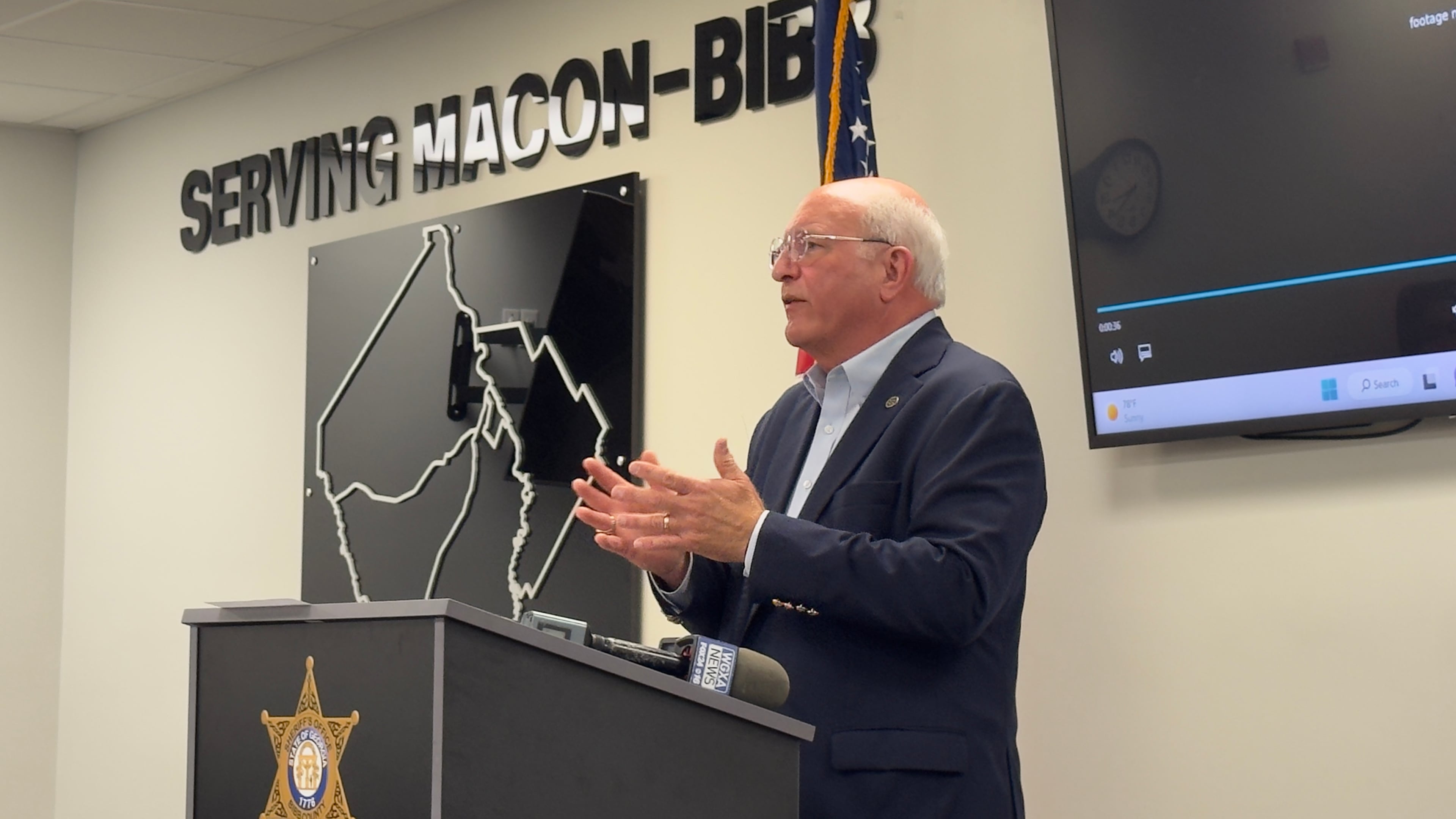Bibb County Sheriff David Davis at a news conference Sunday in Macon where he spoke of details in a shooting at a city park that left 12 teens wounded at a birthday gathering. (Joe Kovac Jr./AJC)