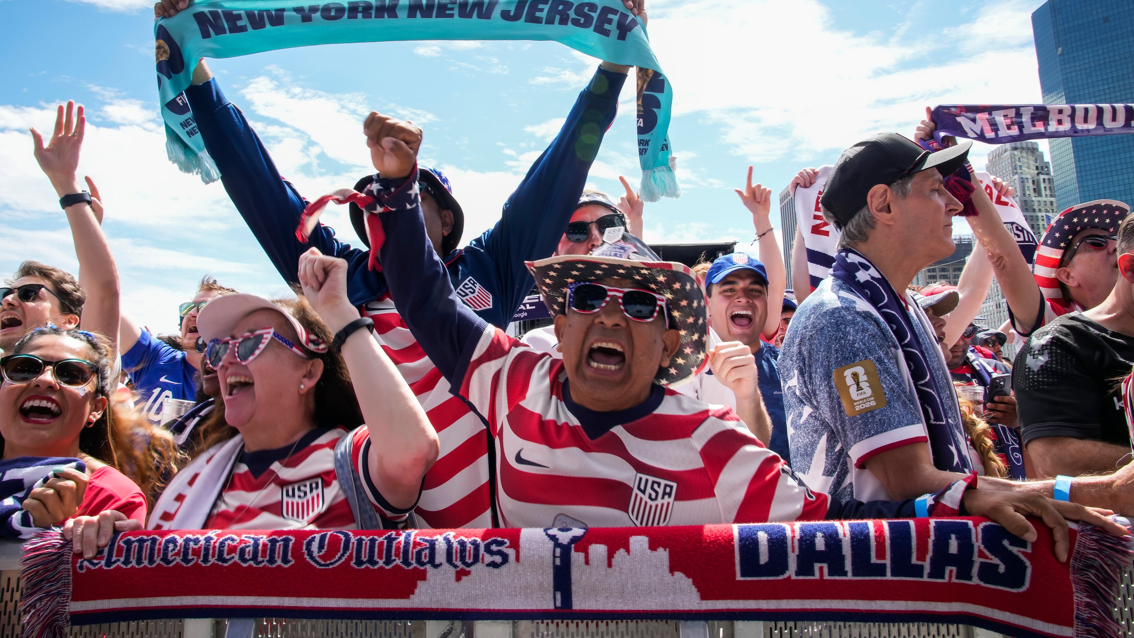 Fans celebrate during the announcement of the United States men's national soccer team roster, Tuesday, May 26, 2026, in New York, ahead of the FIFA World Cup soccer tournament. (AP Photo/Eduardo Munoz Alvarez)